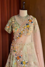 Mint Green Raw Silk Designer Lehenga with Multicolor Floral Hand-Embroidery