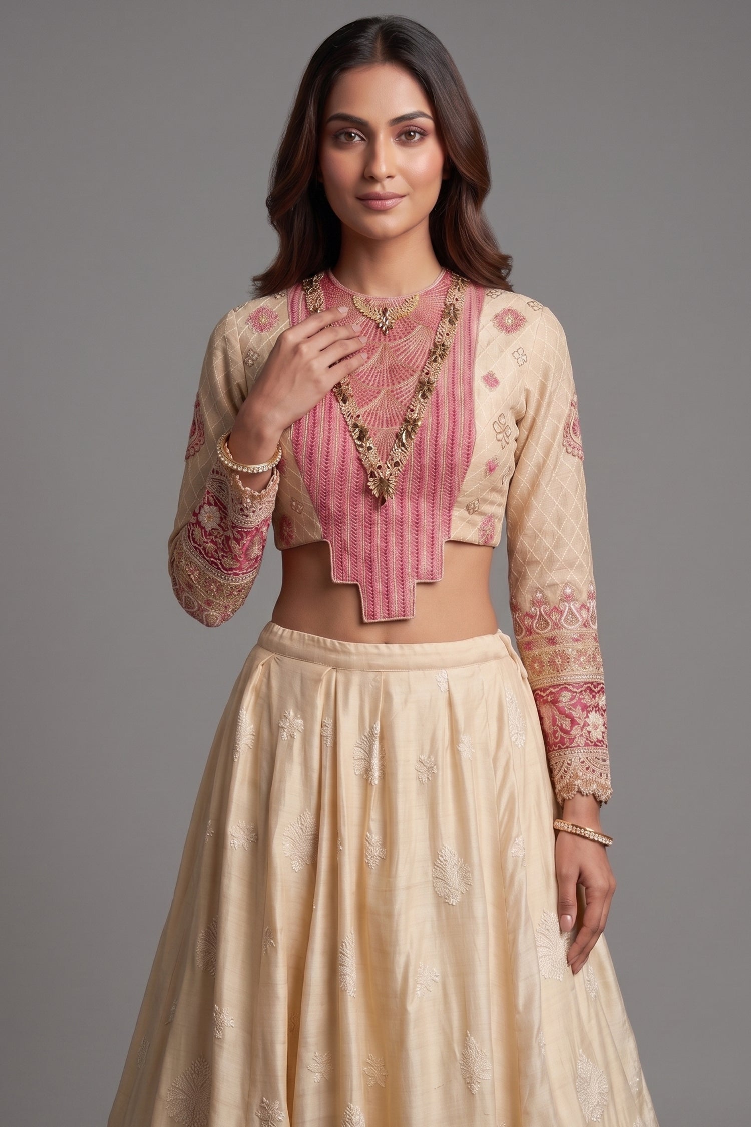 Cream Chanderi Silk Lucknowi Worked Lehenga with Designer Blouse and Bandhej Dupatta Secondary image