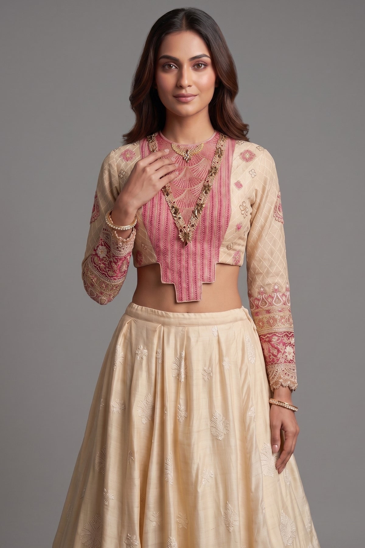 Cream Chanderi Silk Lucknowi Worked Lehenga with Designer Blouse and Bandhej Dupatta
