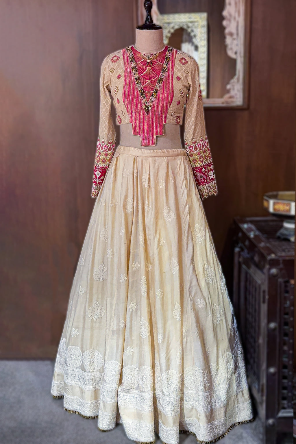 Cream Chanderi Silk Lucknowi Worked Lehenga with Designer Blouse and Bandhej Dupatta