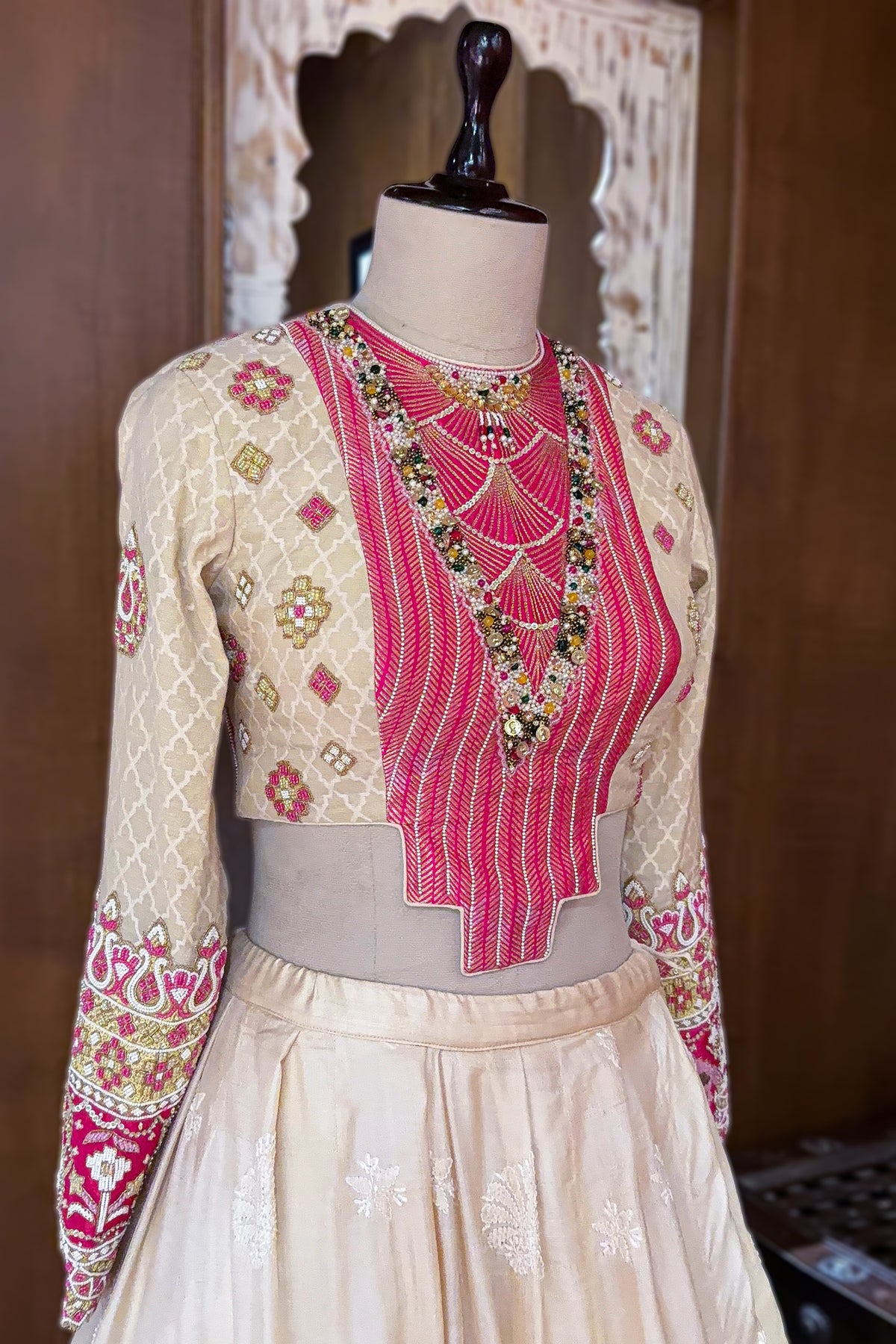 Cream Chanderi Silk Lucknowi Worked Lehenga with Designer Blouse and Bandhej Dupatta