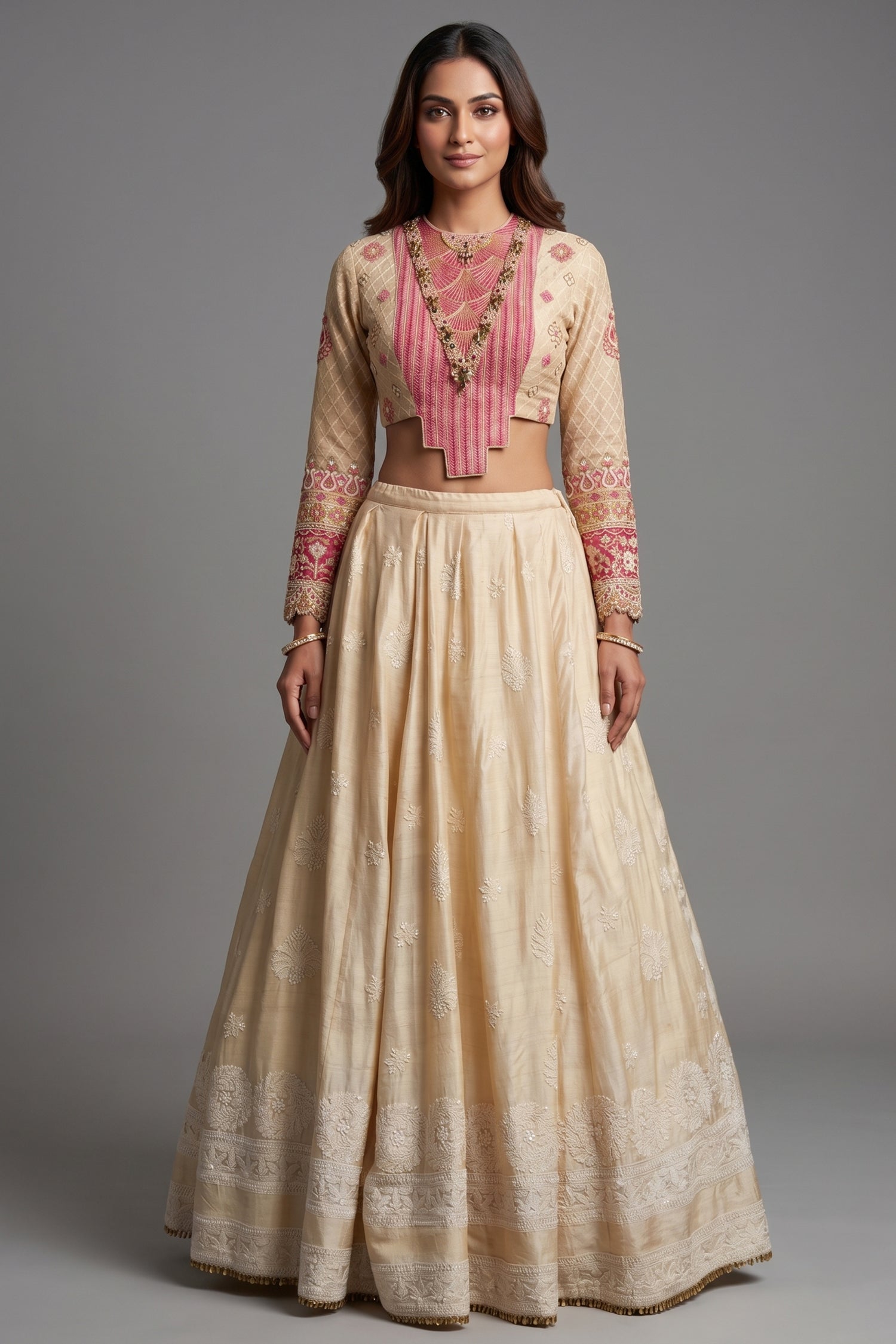 Cream Chanderi Silk Lucknowi Worked Lehenga with Designer Blouse and Bandhej Dupatta Main image
