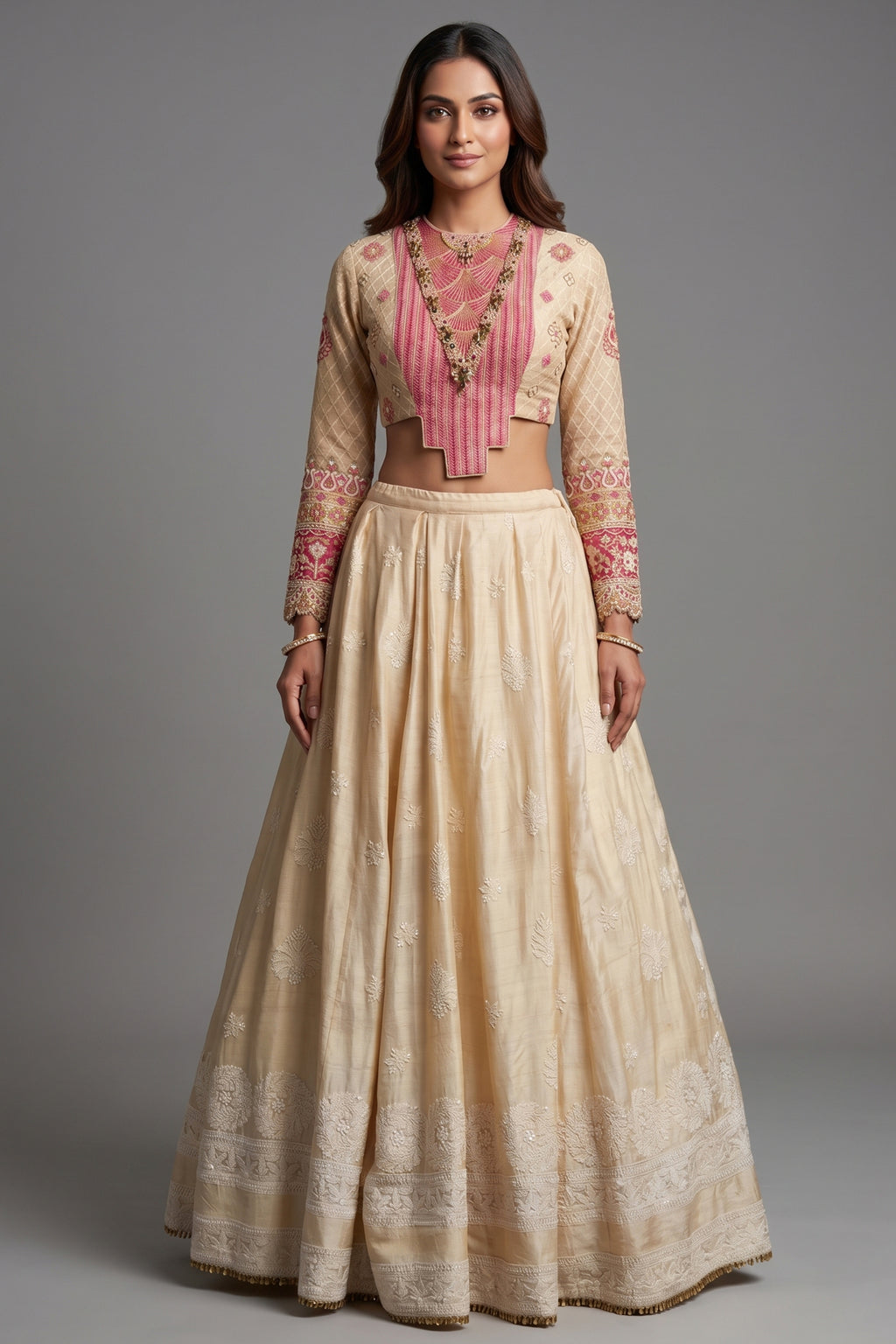 Cream Chanderi Silk Lucknowi Worked Lehenga with Designer Blouse and Bandhej Dupatta