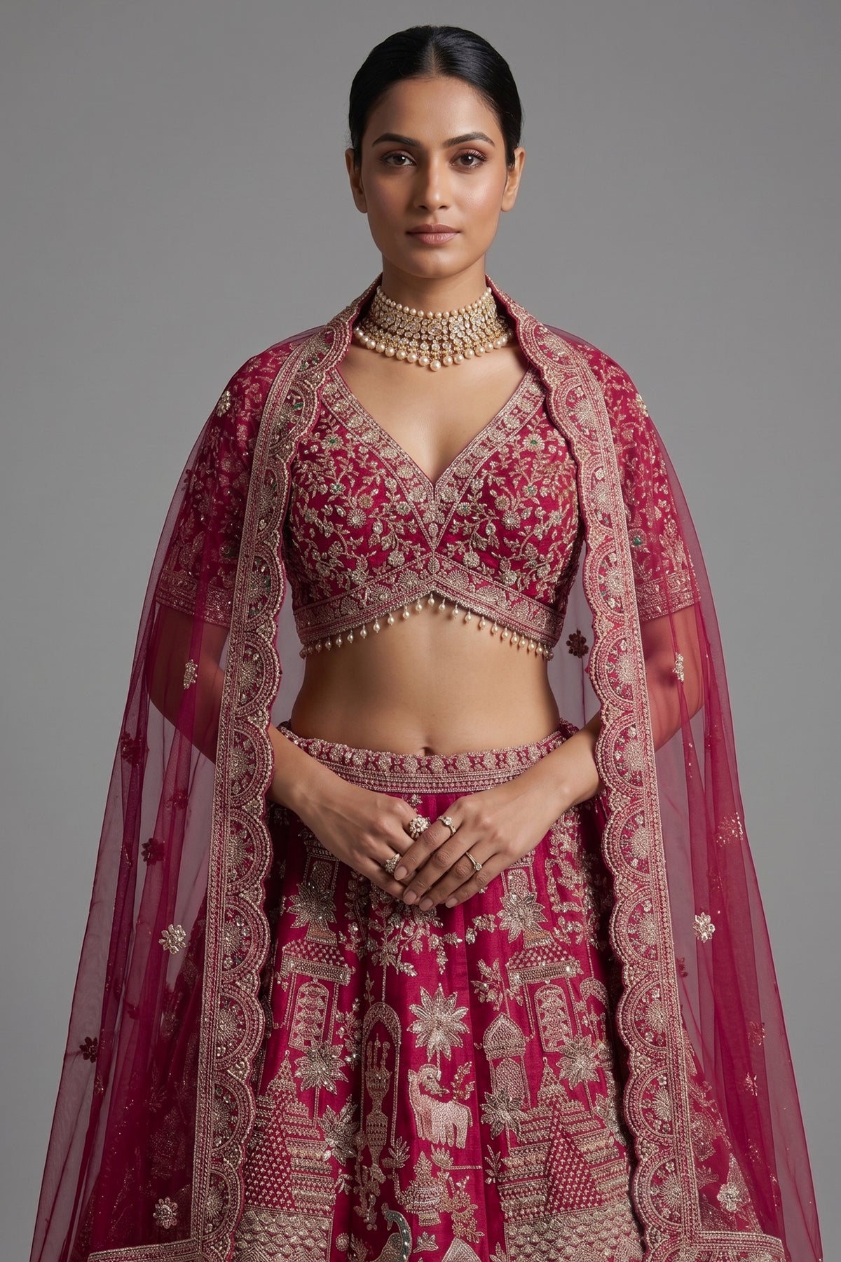 Red Raw Silk Designer Bridal Lehenga with Double Dupatta