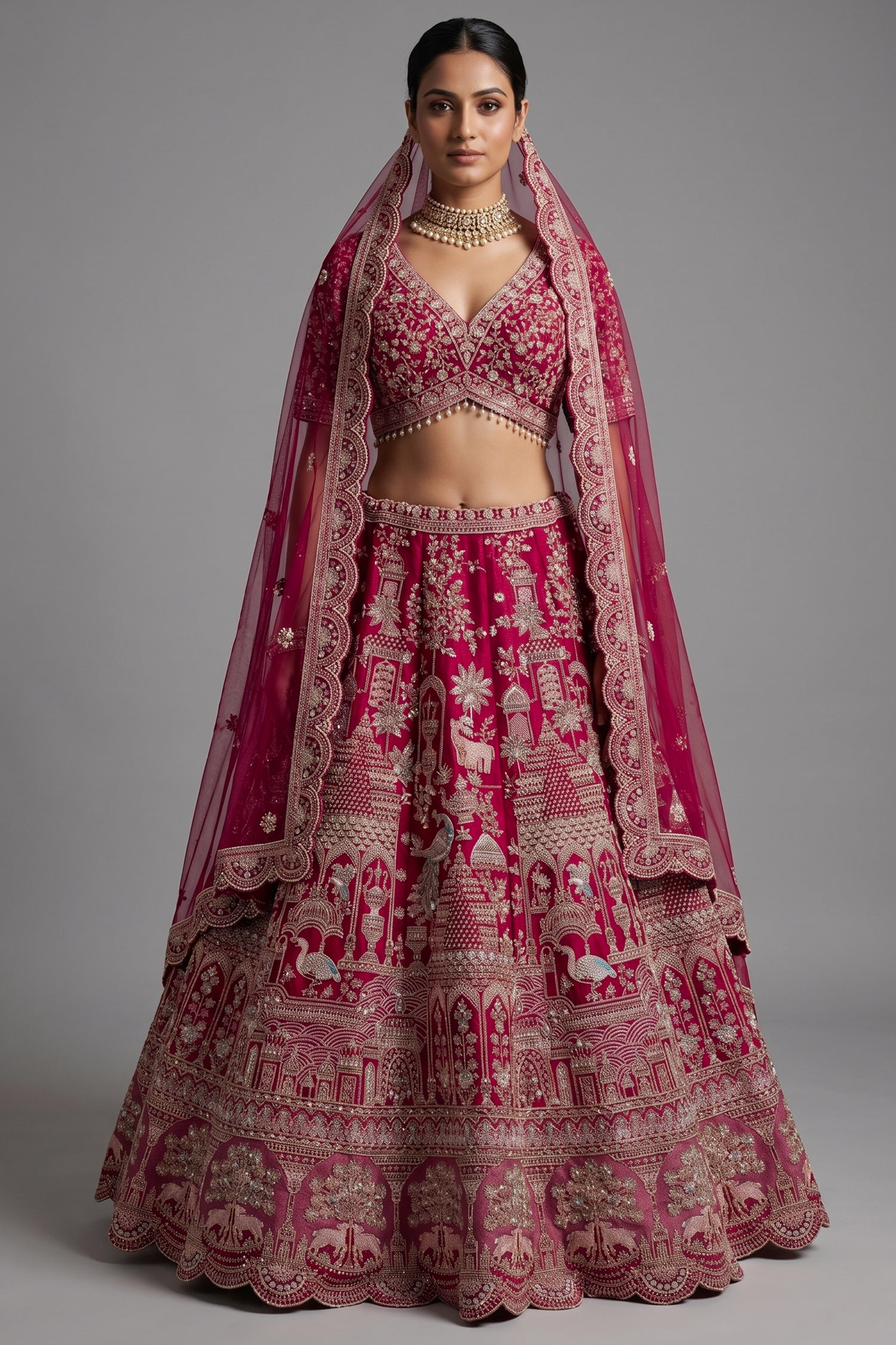 Red Raw Silk Designer Bridal Lehenga with Double Dupatta Main image