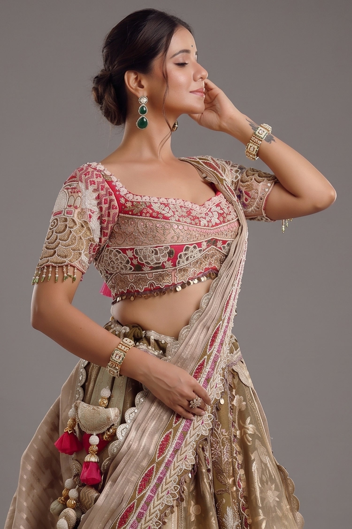 The Olive Green Shaded Brocade Silk Woven Lehenga Ensemble with Jharokha Embroidered Sweetheart Blouse and Attached Organza Dupatta Secondary image