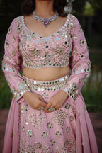 Lilac Pink Tissue Silk Lehenga Ensemble with Scalloped Full-Sleeve Mirror Blouse and Organza Dupatta