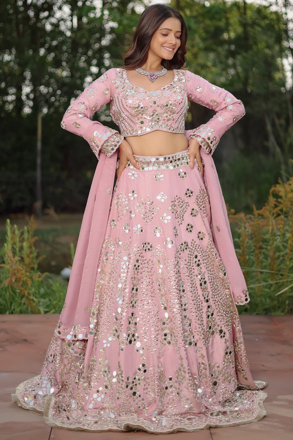 Lilac Pink Tissue Silk Lehenga Ensemble with Scalloped Full-Sleeve Mirror Blouse and Organza Dupatta