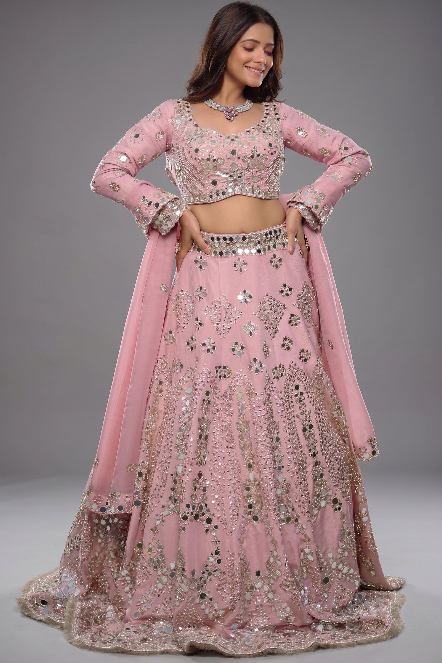 Lilac Pink Tissue Silk Lehenga Ensemble with Scalloped Full-Sleeve Mirror Blouse and Organza Dupatta Main image