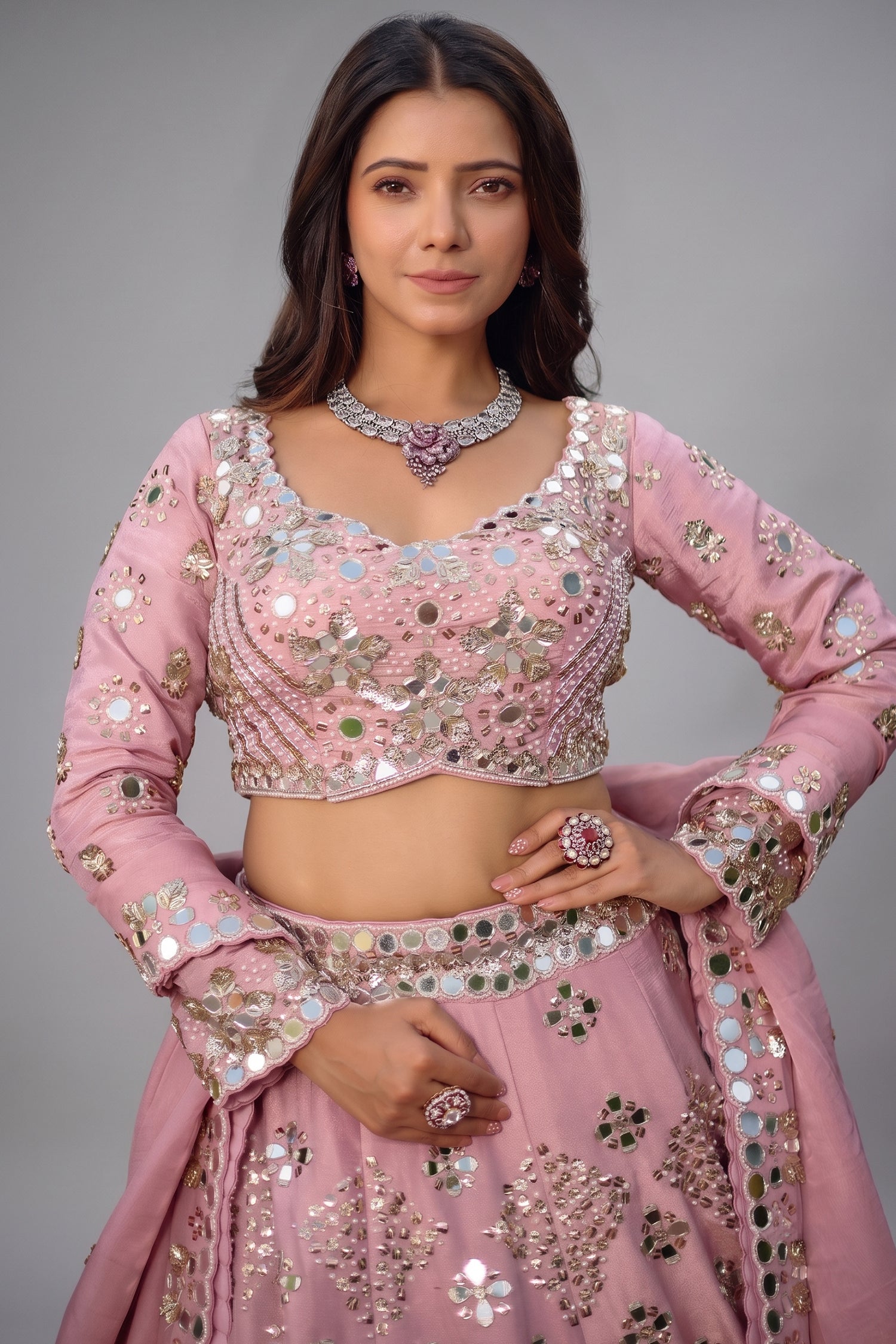 Lilac Pink Tissue Silk Lehenga Ensemble with Scalloped Full-Sleeve Mirror Blouse and Organza Dupatta Secondary image