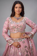 Lilac Pink Tissue Silk Lehenga Ensemble with Scalloped Full-Sleeve Mirror Blouse and Organza Dupatta