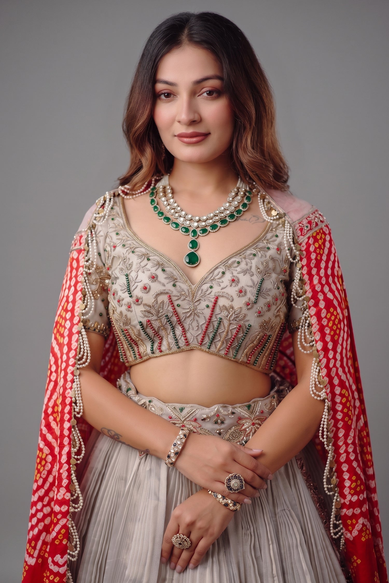 The Imperial Silver Tissue Pleated Lehenga with Coordinated Zardosi Blouse and Handcrafted Gaji Bandhej Patchwork Dupatta Secondary image