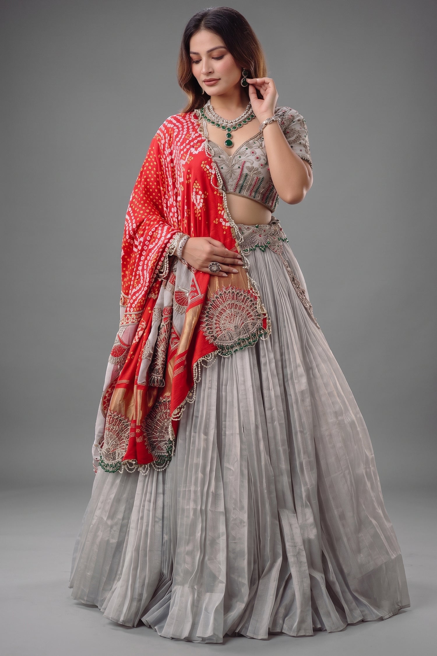 The Imperial Silver Tissue Pleated Lehenga with Coordinated Zardosi Blouse and Handcrafted Gaji Bandhej Patchwork Dupatta Main image