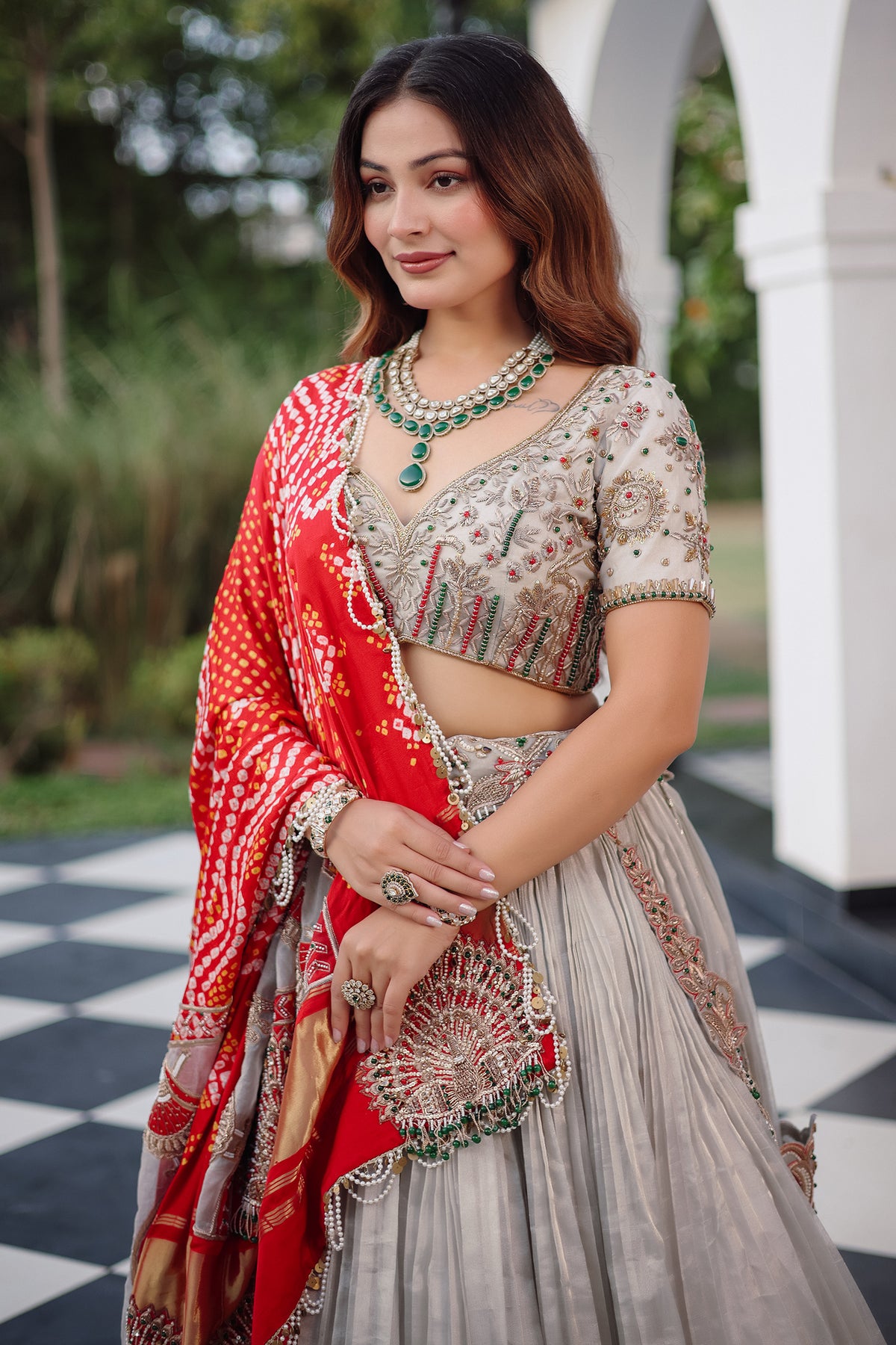 The Imperial Silver Tissue Pleated Lehenga with Coordinated Zardosi Blouse and Handcrafted Gaji Bandhej Patchwork Dupatta