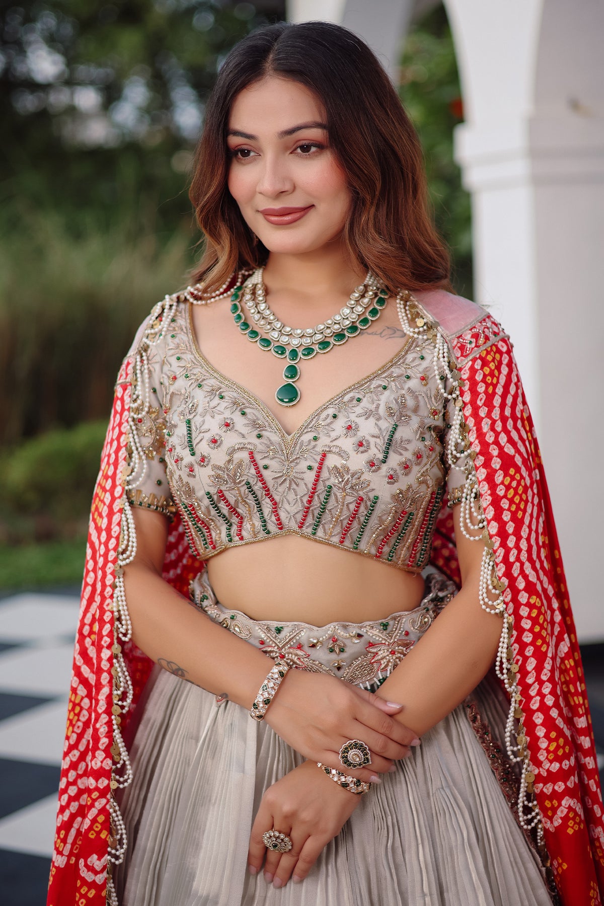 The Imperial Silver Tissue Pleated Lehenga with Coordinated Zardosi Blouse and Handcrafted Gaji Bandhej Patchwork Dupatta