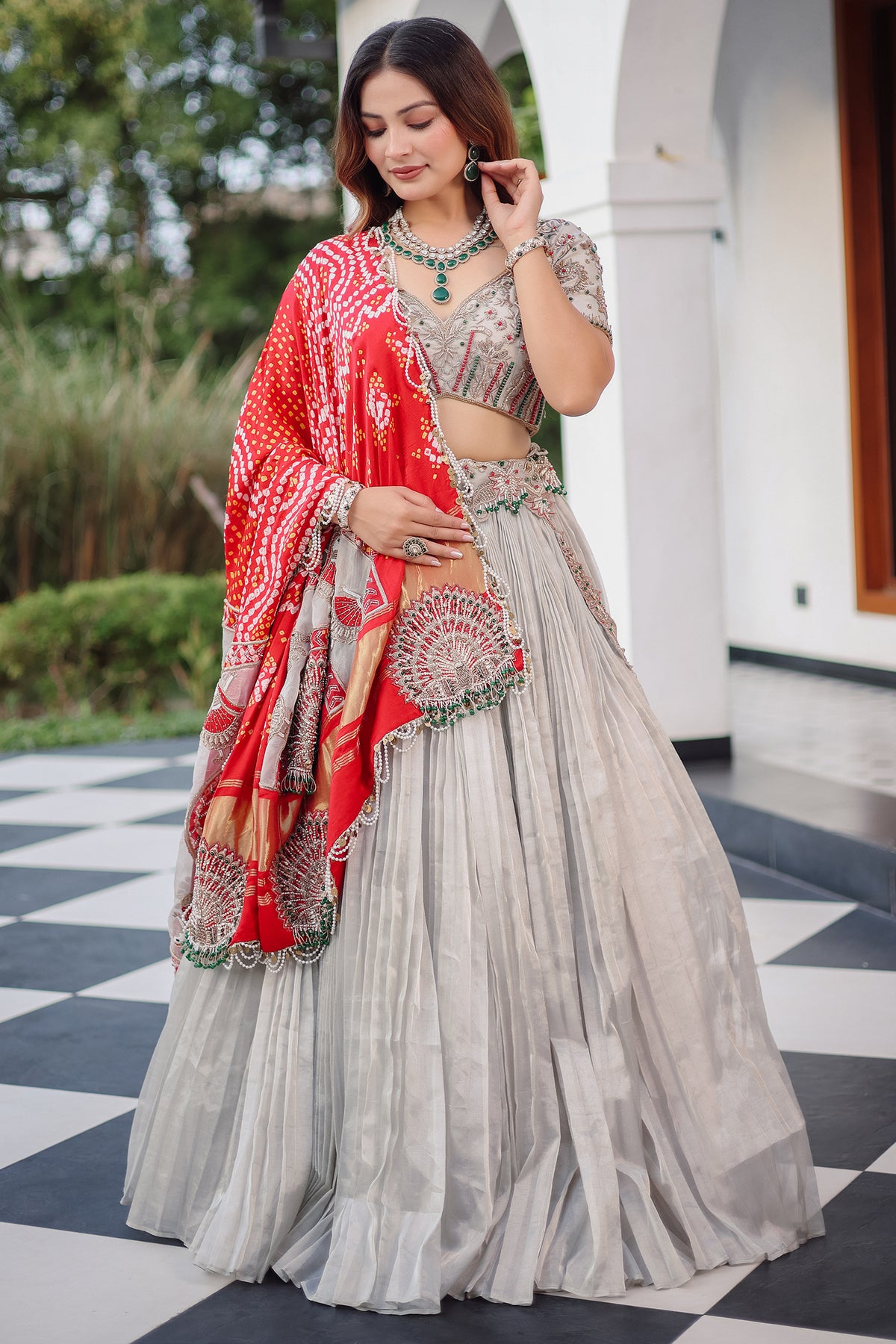 The Imperial Silver Tissue Pleated Lehenga with Coordinated Zardosi Blouse and Handcrafted Gaji Bandhej Patchwork Dupatta