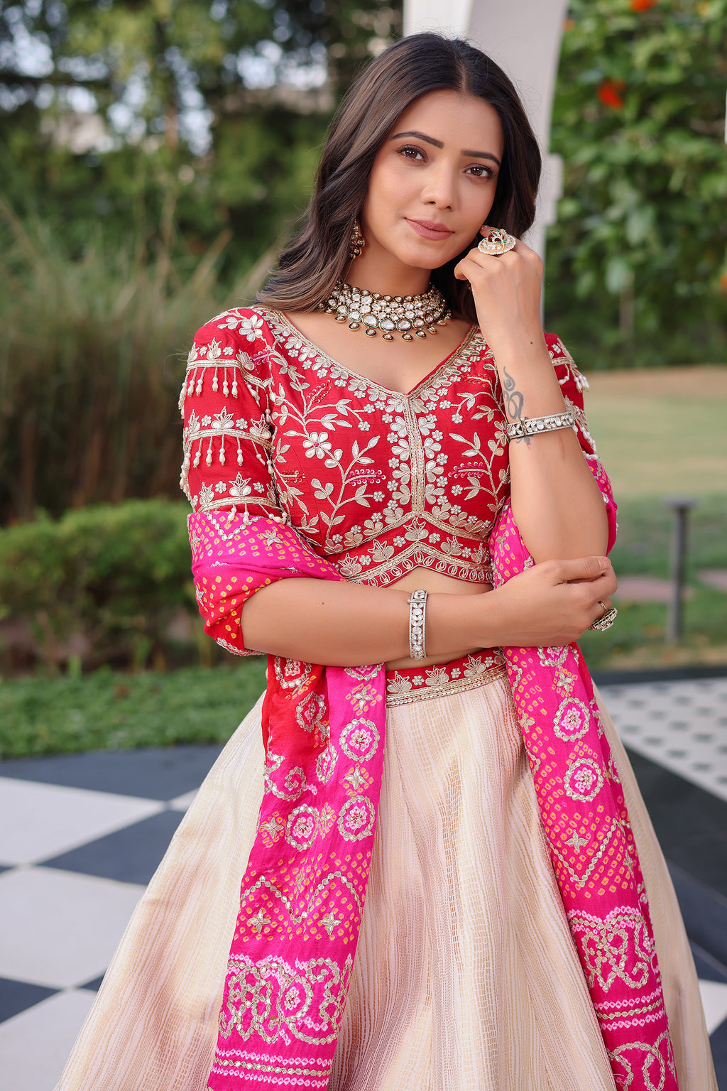 The Cream Silk Paithani Border Lehenga with Peacock Motif Gota Choli and Pink Gaji Bandhej Dupatta