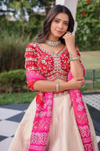 The Cream Silk Paithani Border Lehenga with Peacock Motif Gota Choli and Pink Gaji Bandhej Dupatta