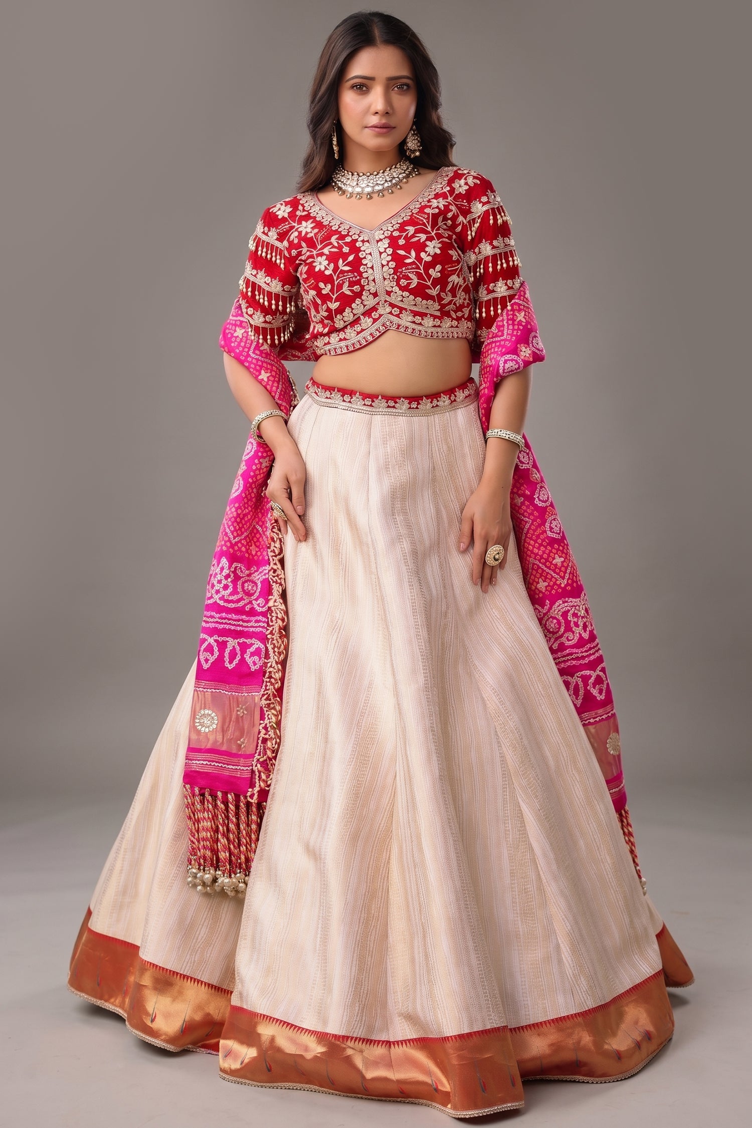 The Cream Silk Paithani Border Lehenga with Peacock Motif Gota Choli and Pink Gaji Bandhej Dupatta Main image