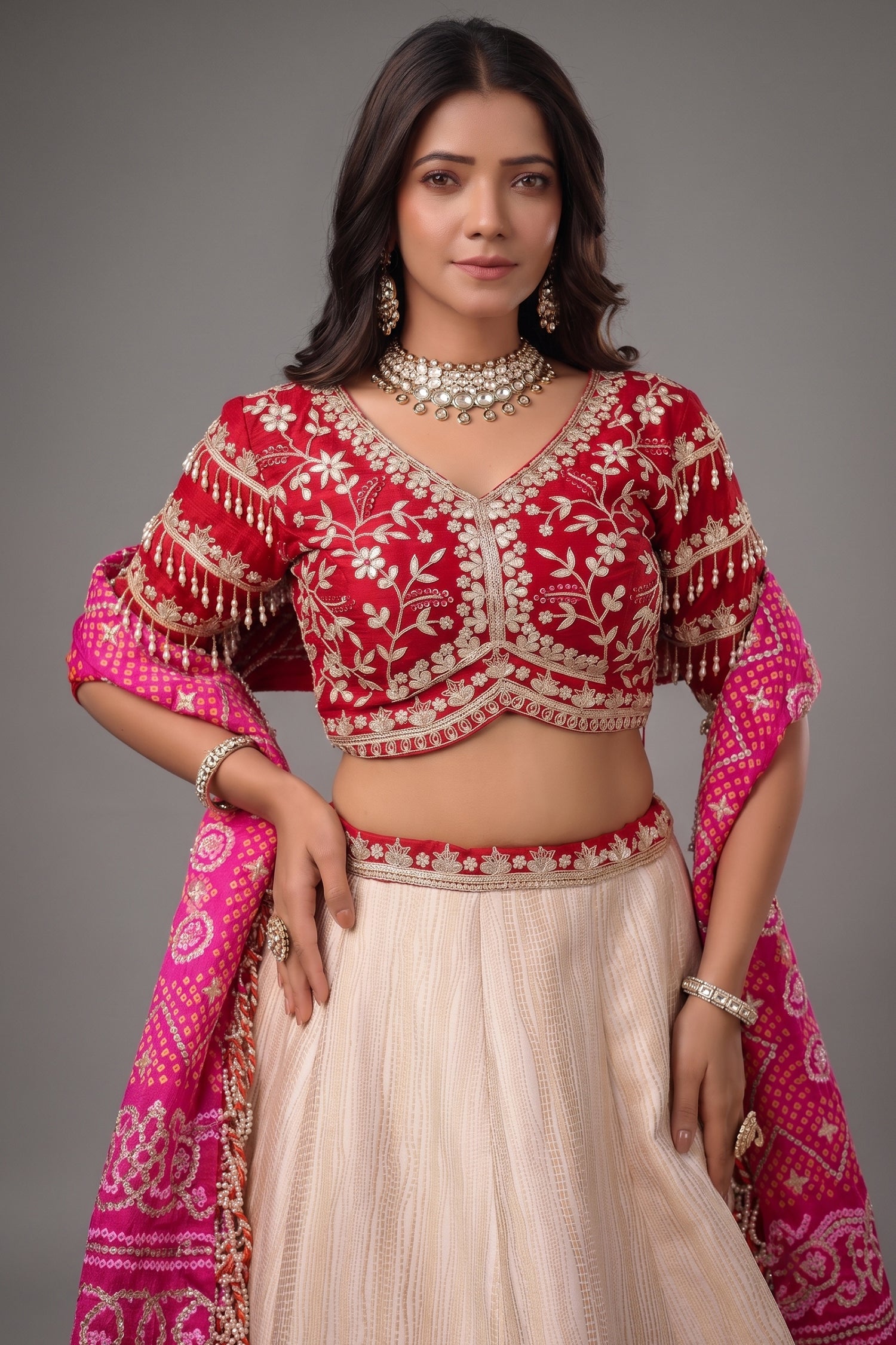 The Cream Silk Paithani Border Lehenga with Peacock Motif Gota Choli and Pink Gaji Bandhej Dupatta Secondary image