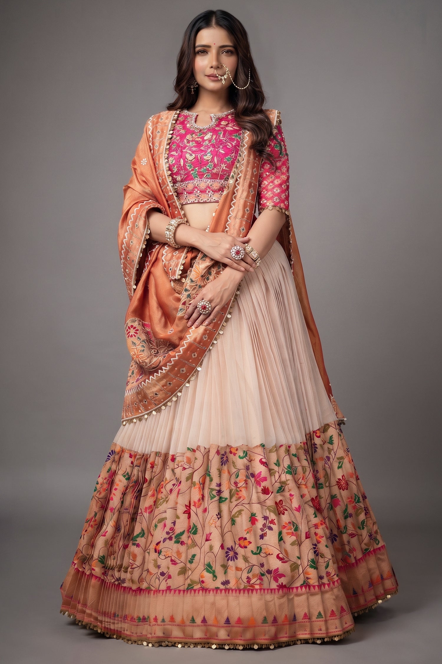 The Cream Silk Pleated Paithani Lehenga Ensemble with Embellished Blouse Main image