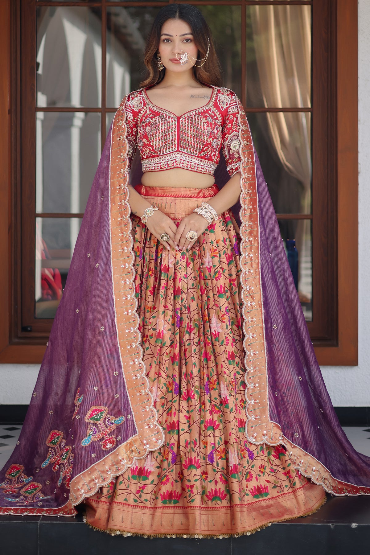 The Golden Copper Tissue Pleated Paithani Lehenga with Sweetheart Geometric Embellished Blouse