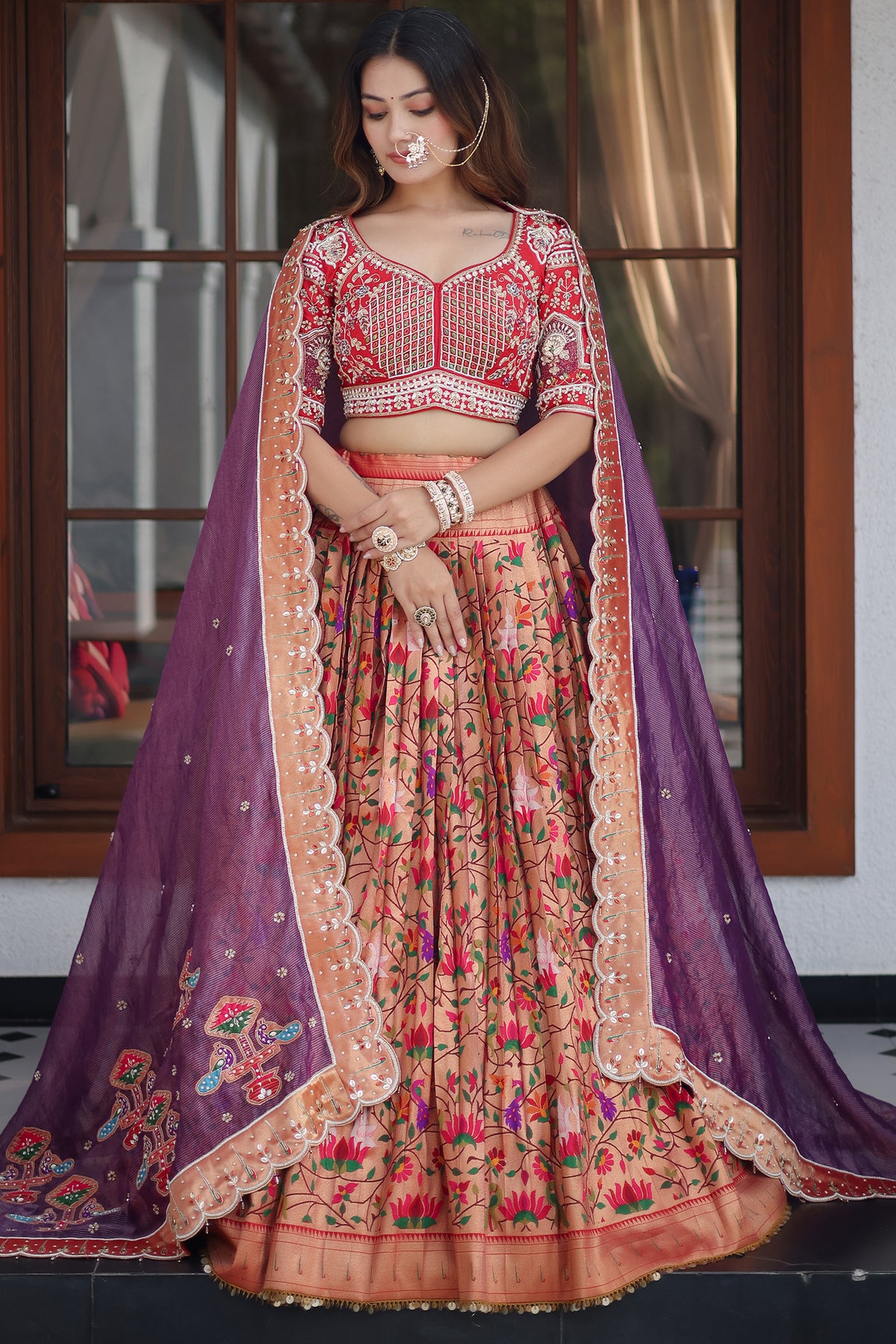 The Golden Copper Tissue Pleated Paithani Lehenga with Sweetheart Geometric Embellished Blouse