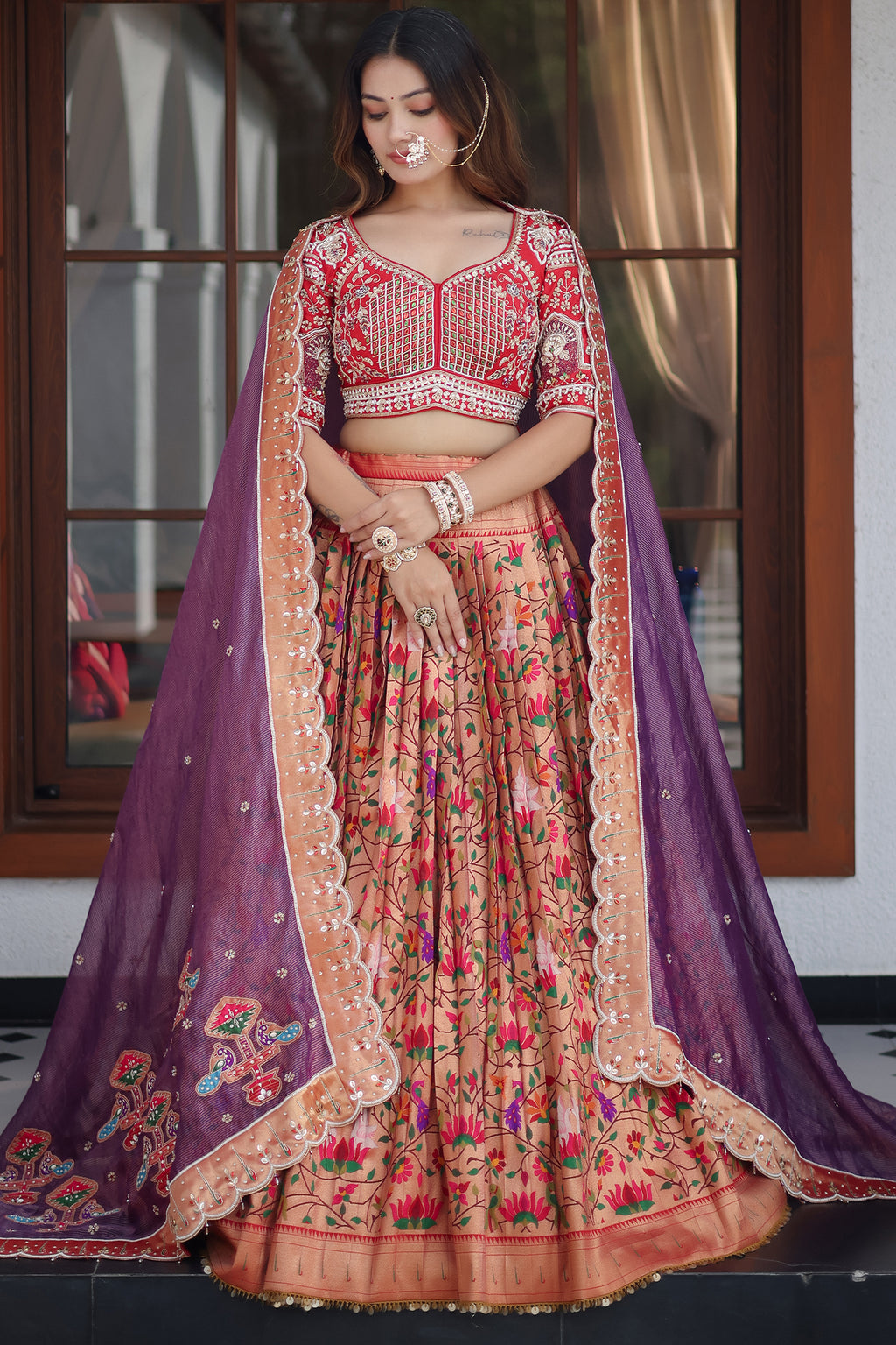 The Golden Copper Tissue Pleated Paithani Lehenga with Sweetheart Geometric Embellished Blouse