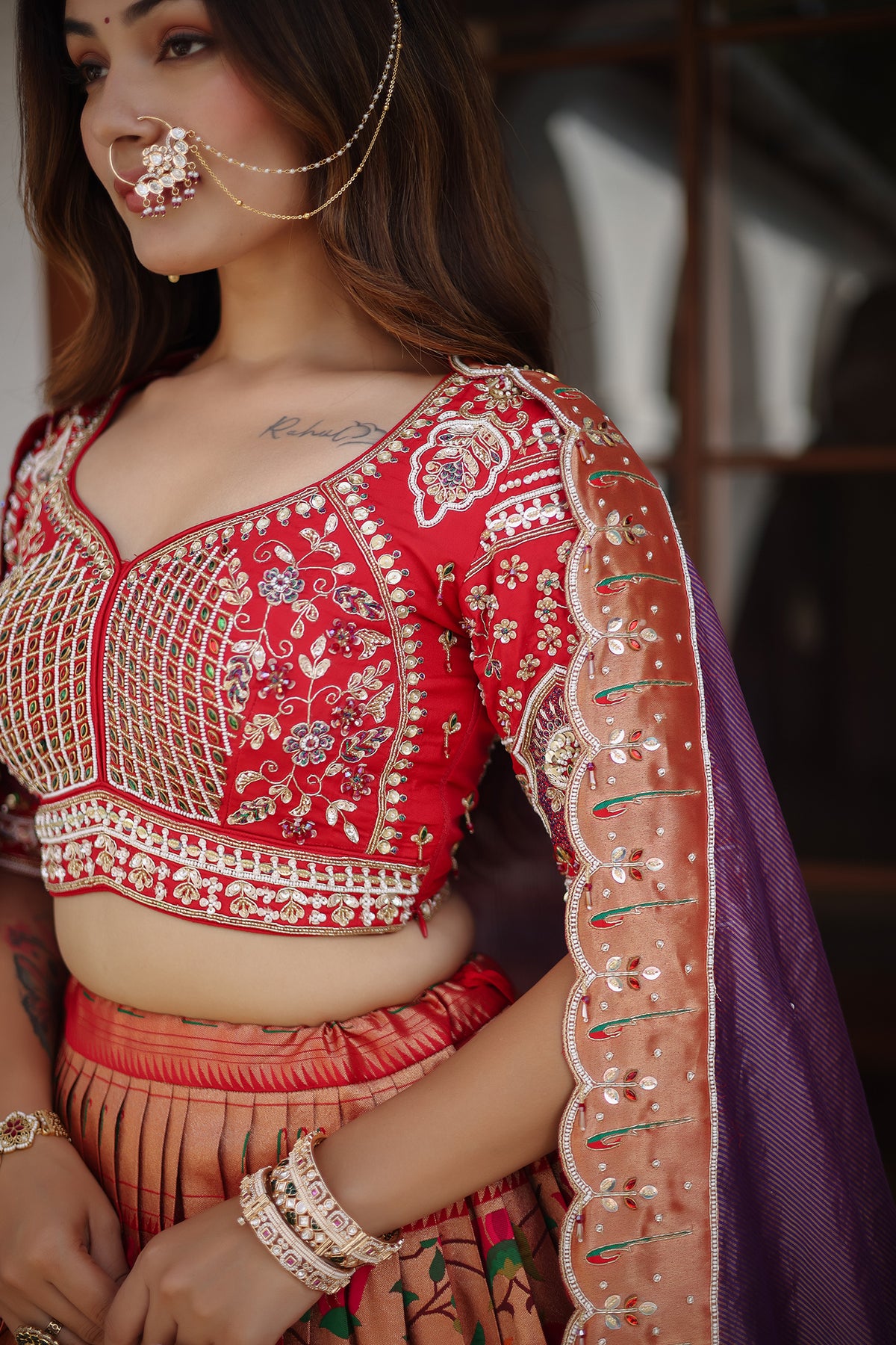 The Golden Copper Tissue Pleated Paithani Lehenga with Sweetheart Geometric Embellished Blouse