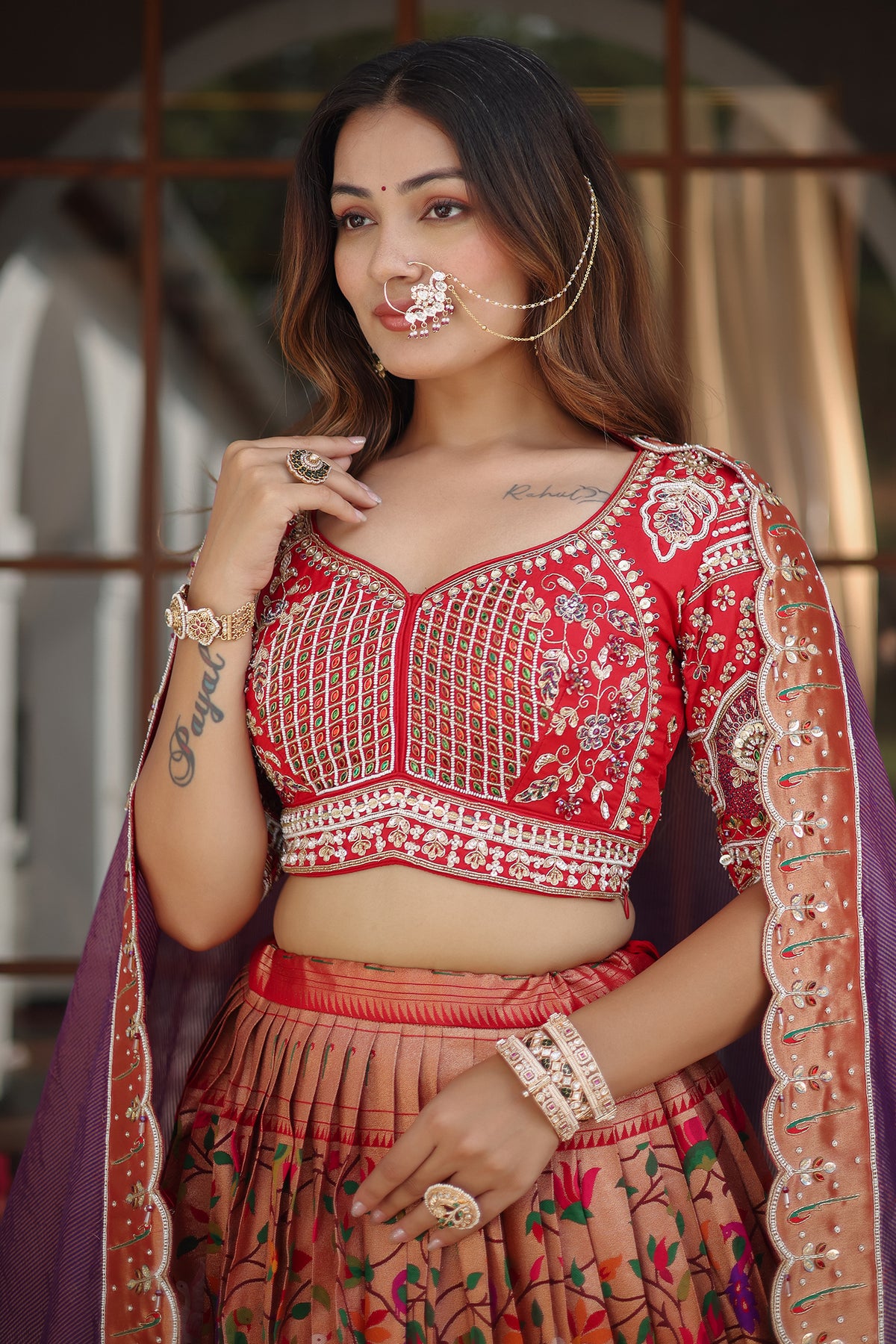 The Golden Copper Tissue Pleated Paithani Lehenga with Sweetheart Geometric Embellished Blouse