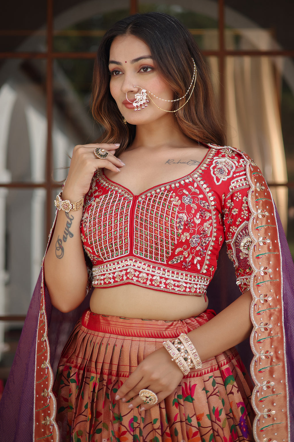 The Golden Copper Tissue Pleated Paithani Lehenga with Sweetheart Geometric Embellished Blouse
