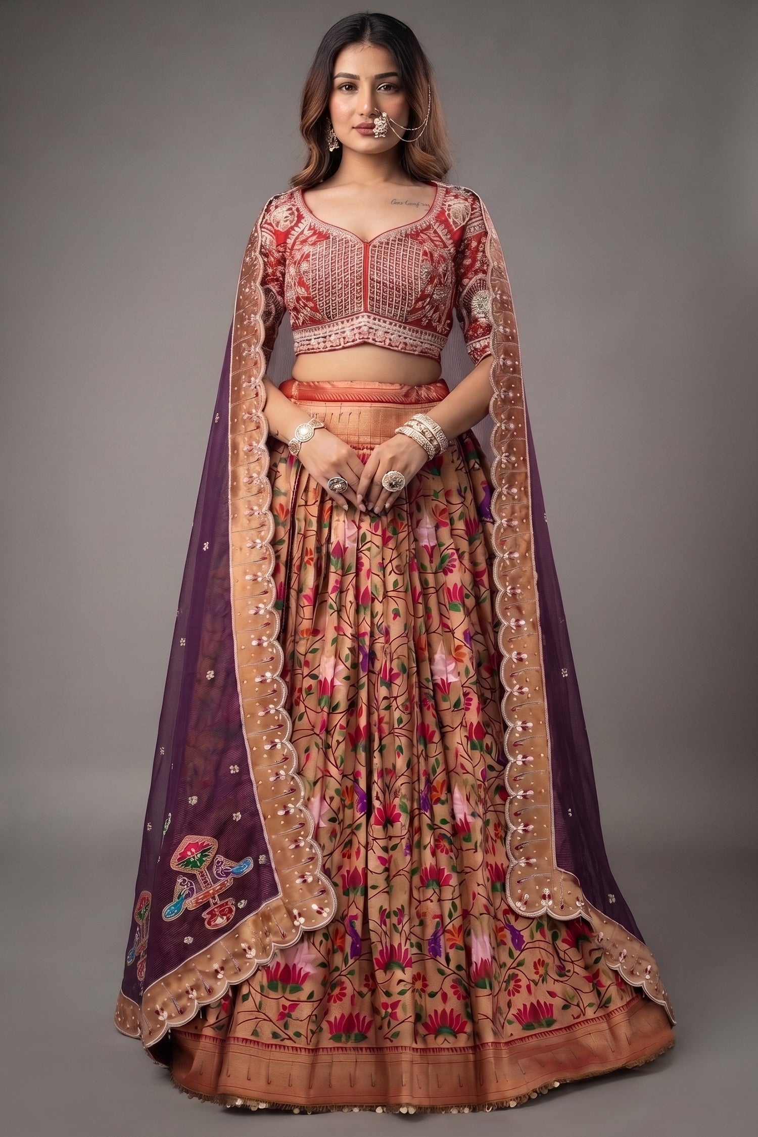 The Golden Copper Tissue Pleated Paithani Lehenga with Sweetheart Geometric Embellished Blouse Main image