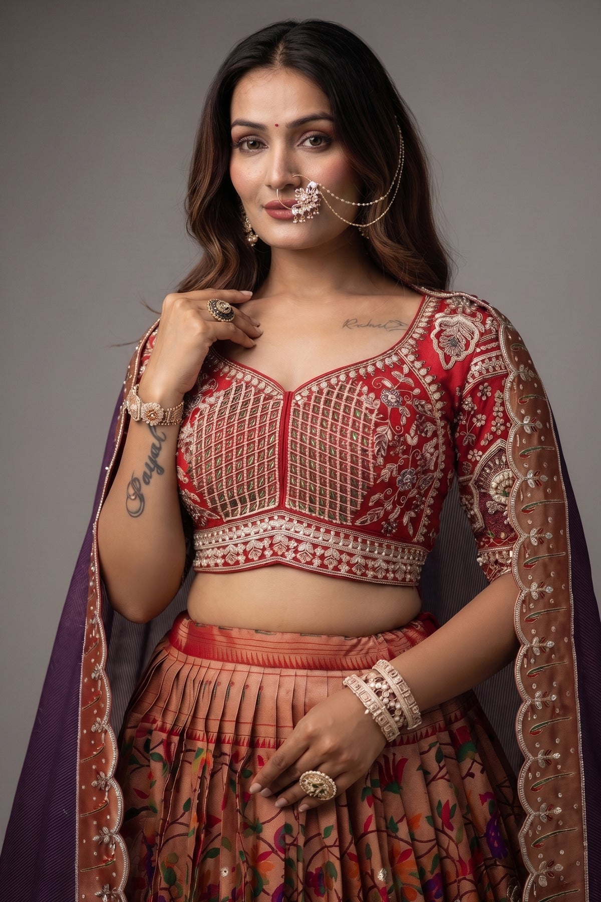 The Golden Copper Tissue Pleated Paithani Lehenga with Sweetheart Geometric Embellished Blouse