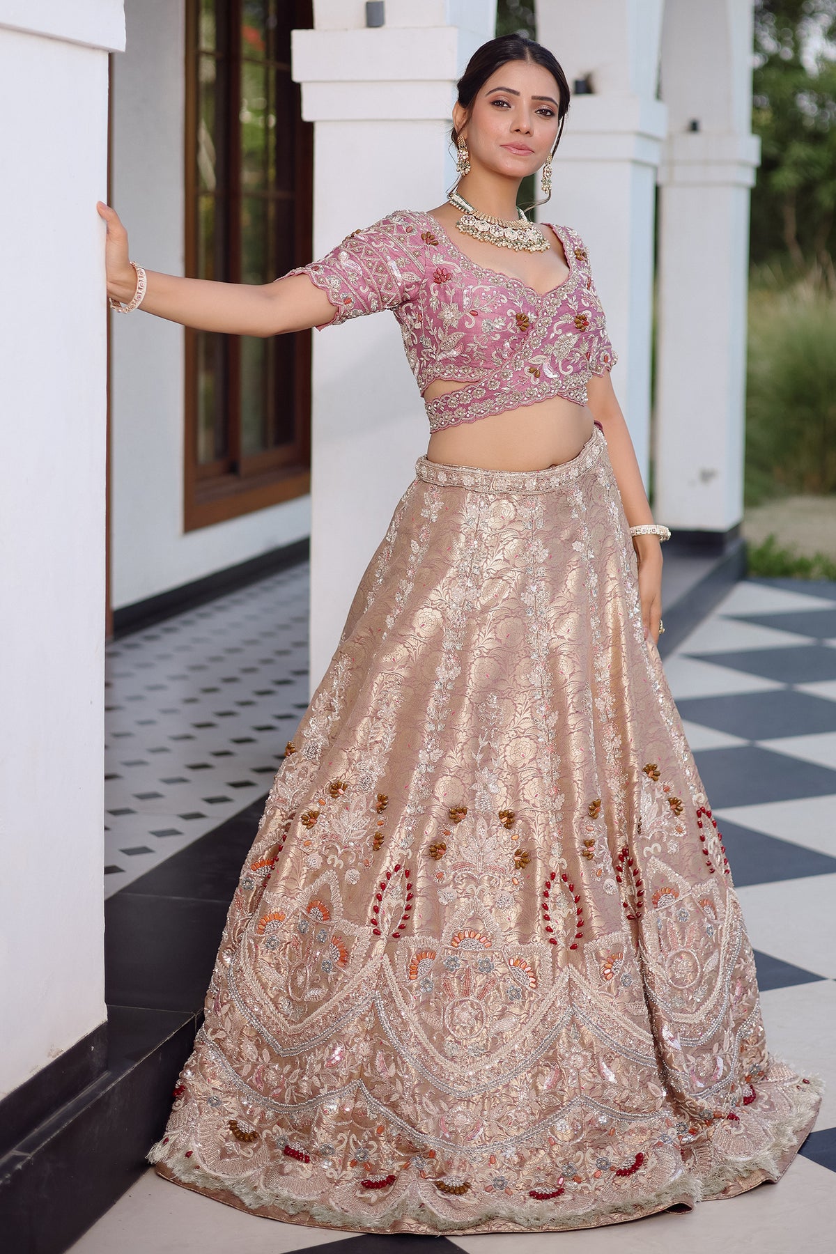 The Onion Pink Banarasi Brocade Silk Lehenga with Scalloped Crossover Choli and Handwork
