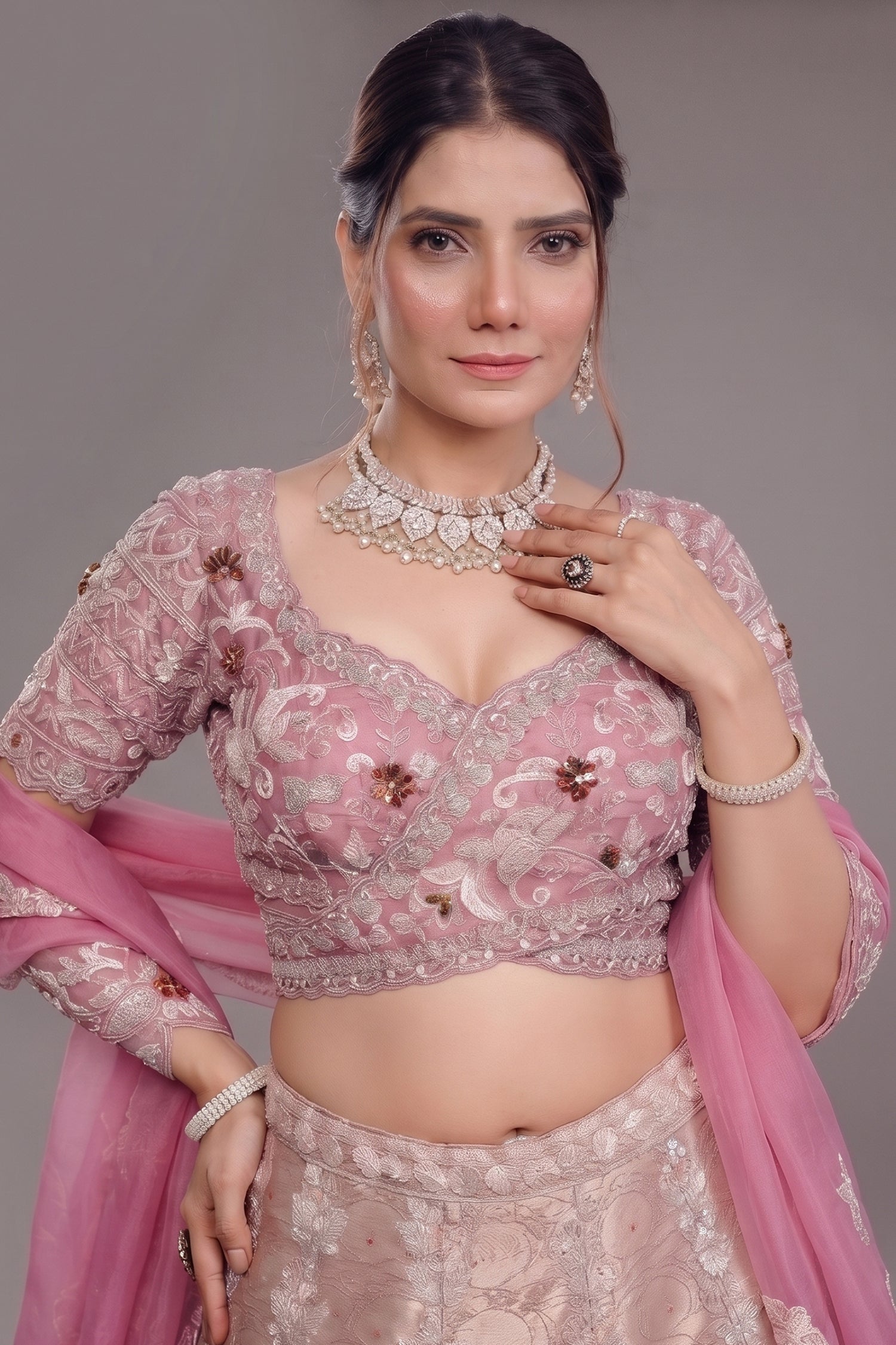 The Onion Pink Banarasi Brocade Silk Lehenga with Scalloped Crossover Choli and Handwork Secondary image