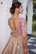 The Onion Pink Banarasi Brocade Silk Lehenga with Scalloped Crossover Choli and Handwork