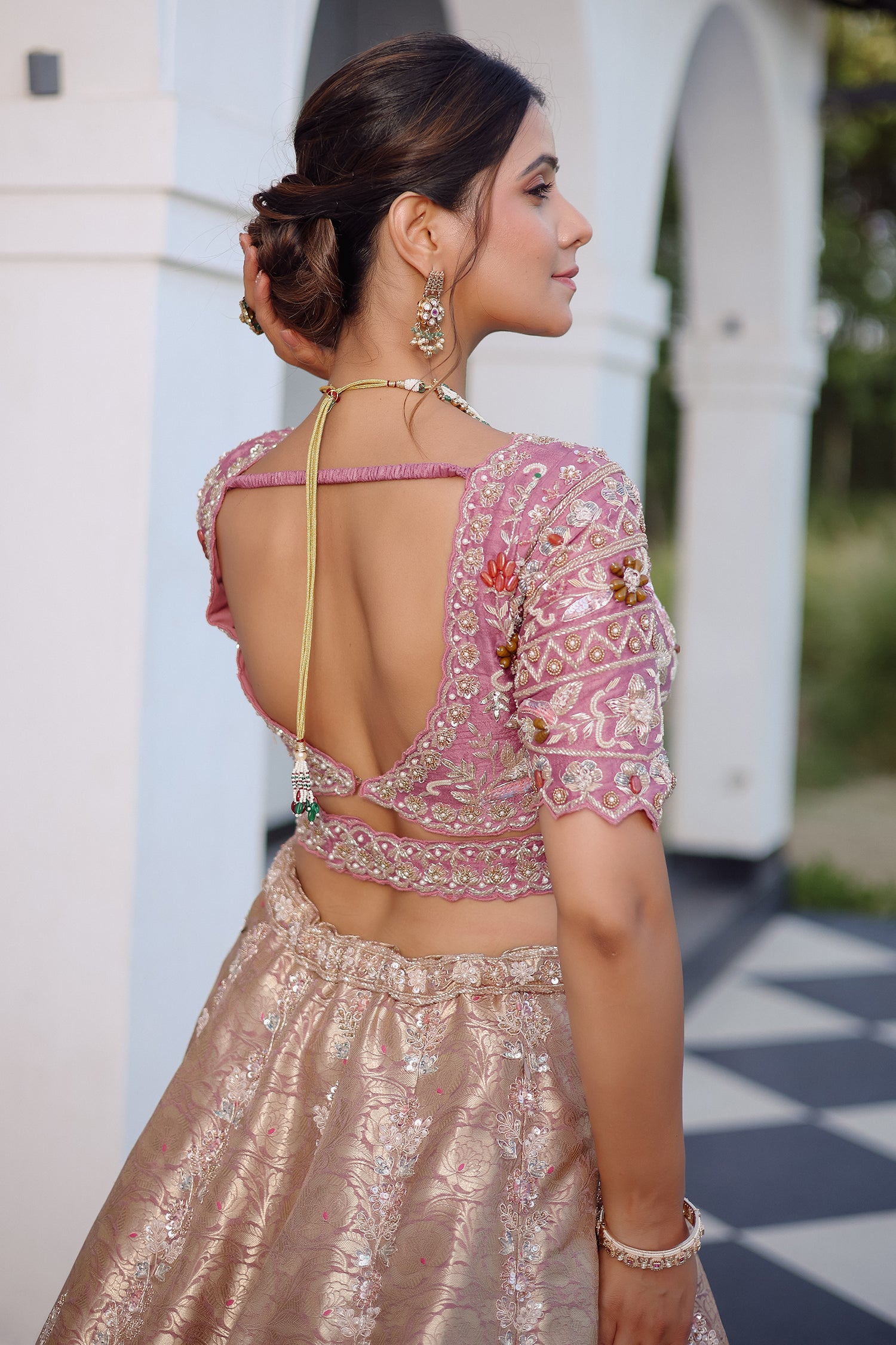 The Onion Pink Banarasi Brocade Silk Lehenga with Scalloped Crossover Choli and Handwork