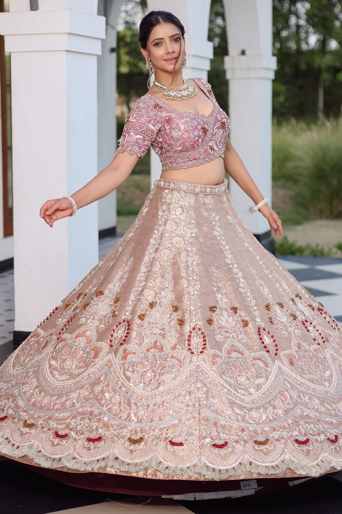 The Onion Pink Banarasi Brocade Silk Lehenga with Scalloped Crossover Choli and Handwork