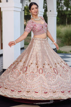 The Onion Pink Banarasi Brocade Silk Lehenga with Scalloped Crossover Choli and Handwork