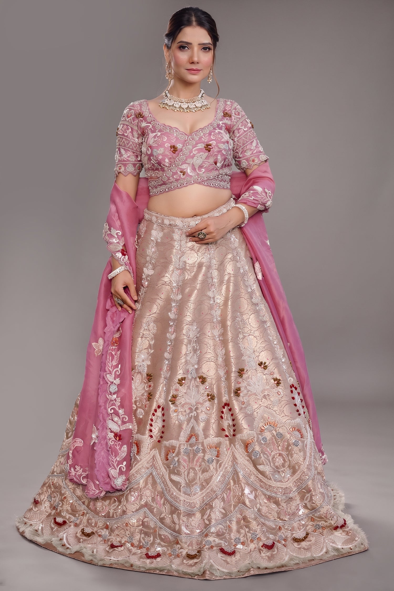 The Onion Pink Banarasi Brocade Silk Lehenga with Scalloped Crossover Choli and Handwork Main image