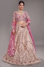 The Onion Pink Banarasi Brocade Silk Lehenga with Scalloped Crossover Choli and Handwork