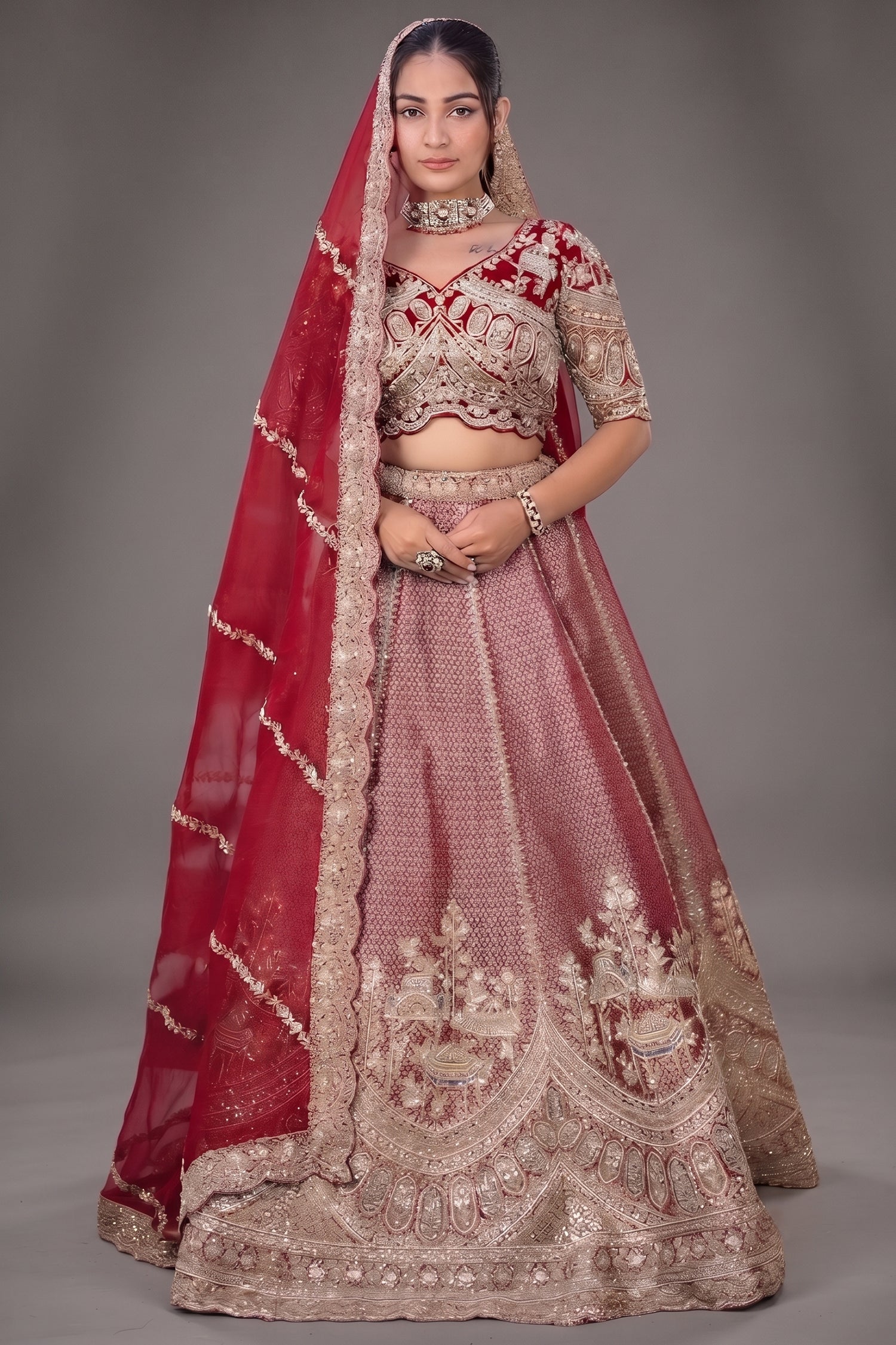 The Majestic Maroon Banarasi Silk Bridal Lehenga Ensemble with Jharokha Zardosi Blouse and Sheer Scalloped Veil Main image