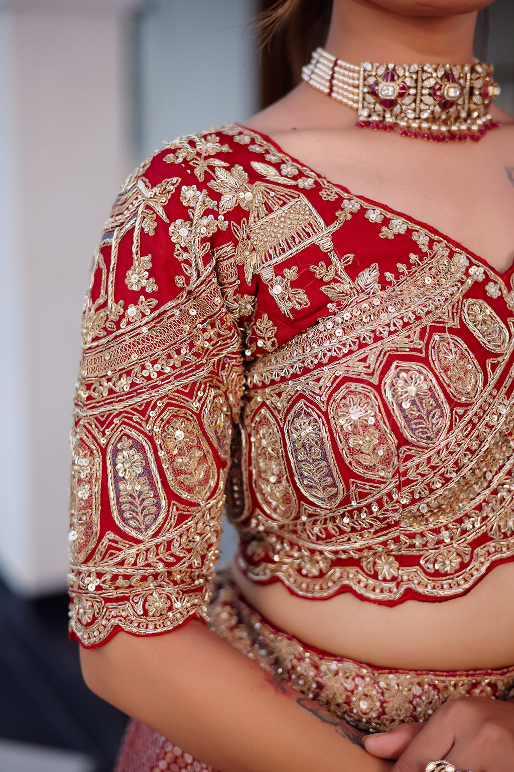 The Majestic Maroon Banarasi Silk Bridal Lehenga Ensemble with Jharokha Zardosi Blouse and Sheer Scalloped Veil