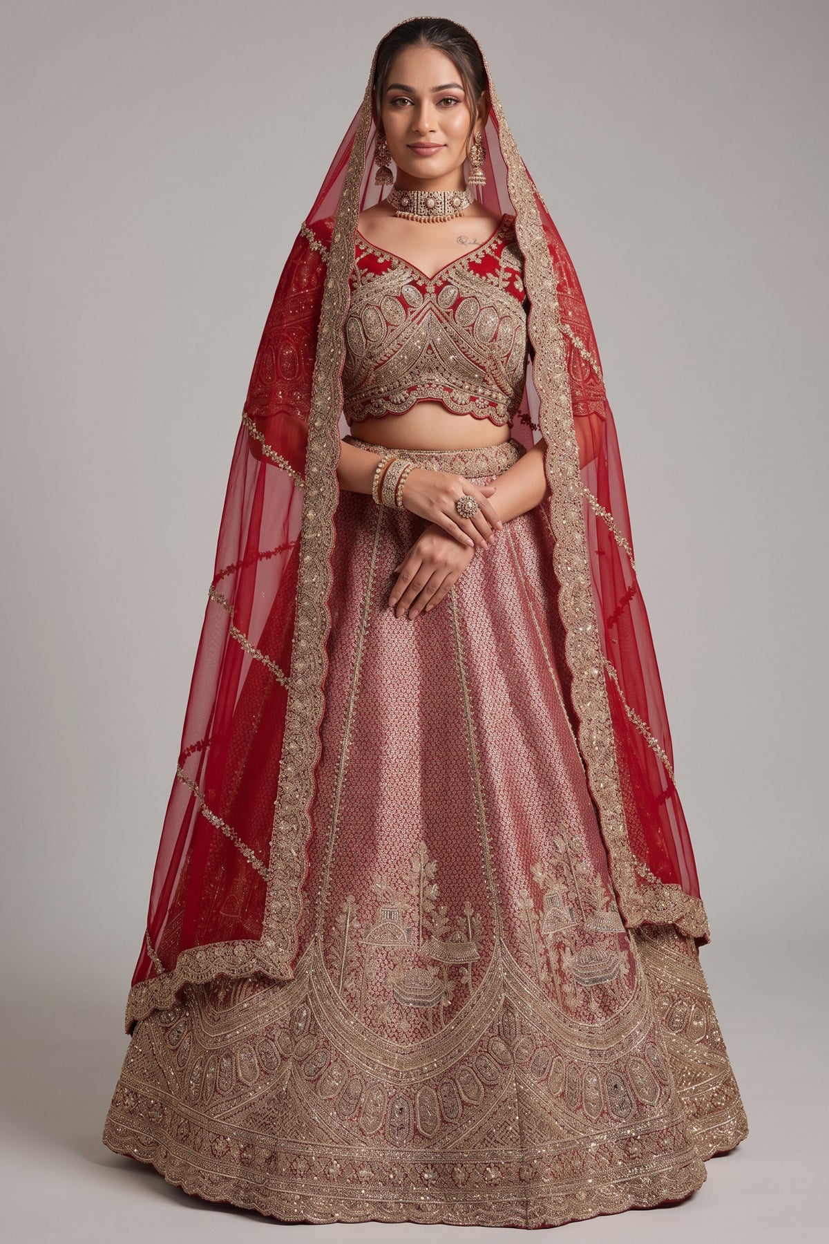 The Majestic Maroon Banarasi Silk Bridal Lehenga Ensemble with Jharokha Zardosi Blouse and Sheer Scalloped Veil