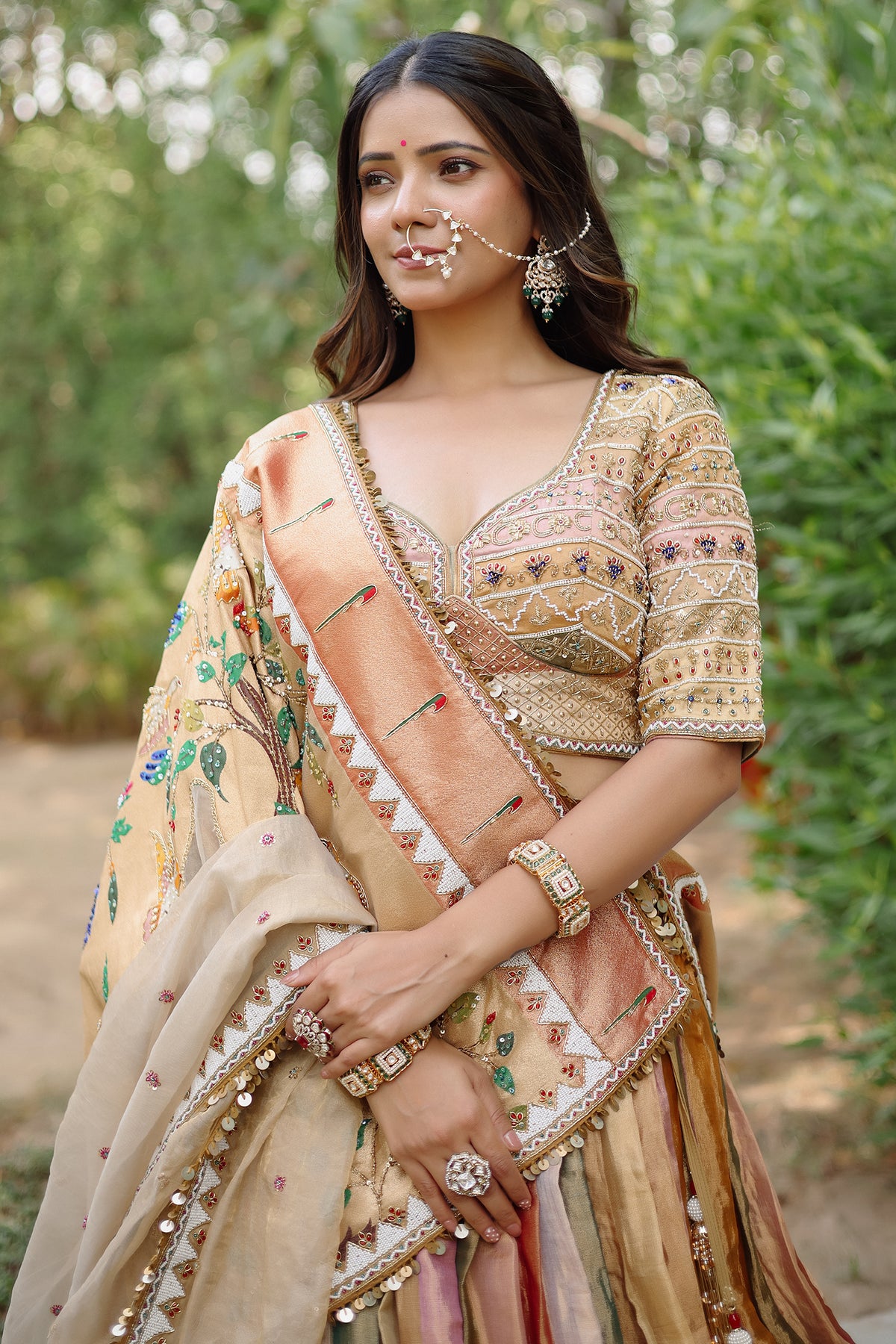 The Multi-Chromatic Tissue Silk Shikargah Lehenga with Chevron Hand-Embellished Choli