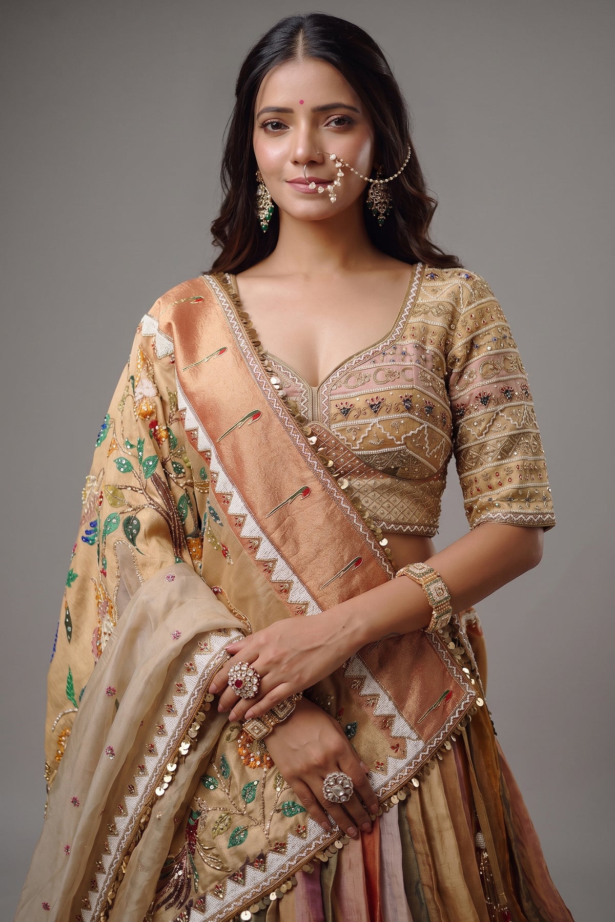 The Multi-Chromatic Tissue Silk Shikargah Lehenga with Chevron Hand-Embellished Choli