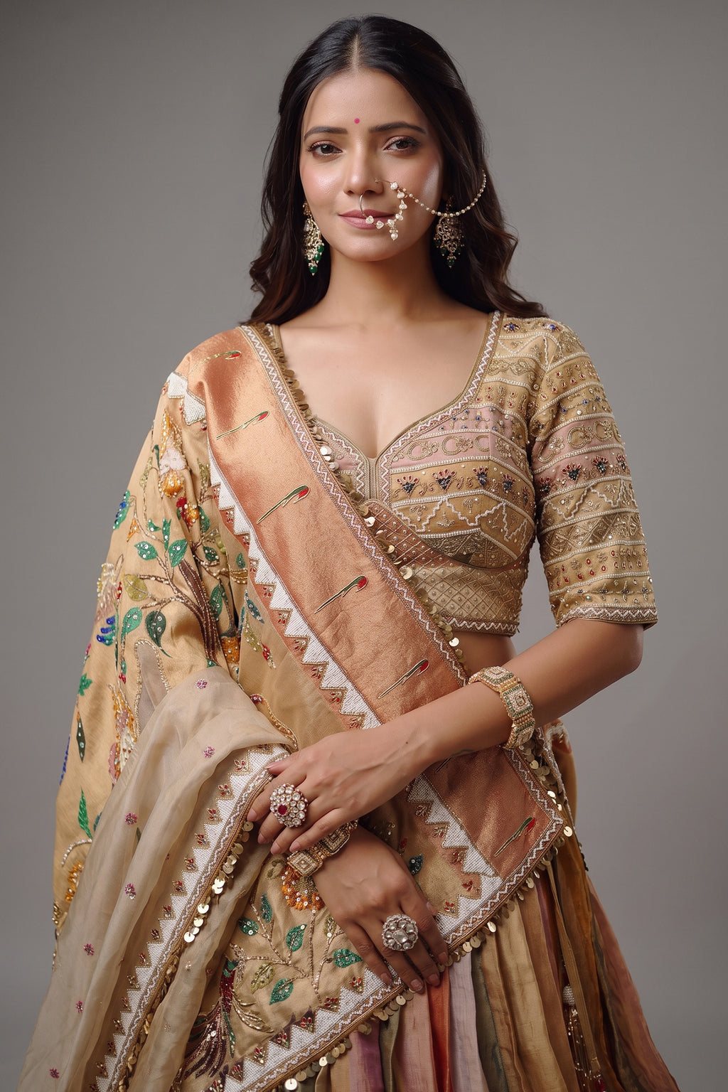 The Multi-Chromatic Tissue Silk Shikargah Lehenga with Chevron Hand-Embellished Choli