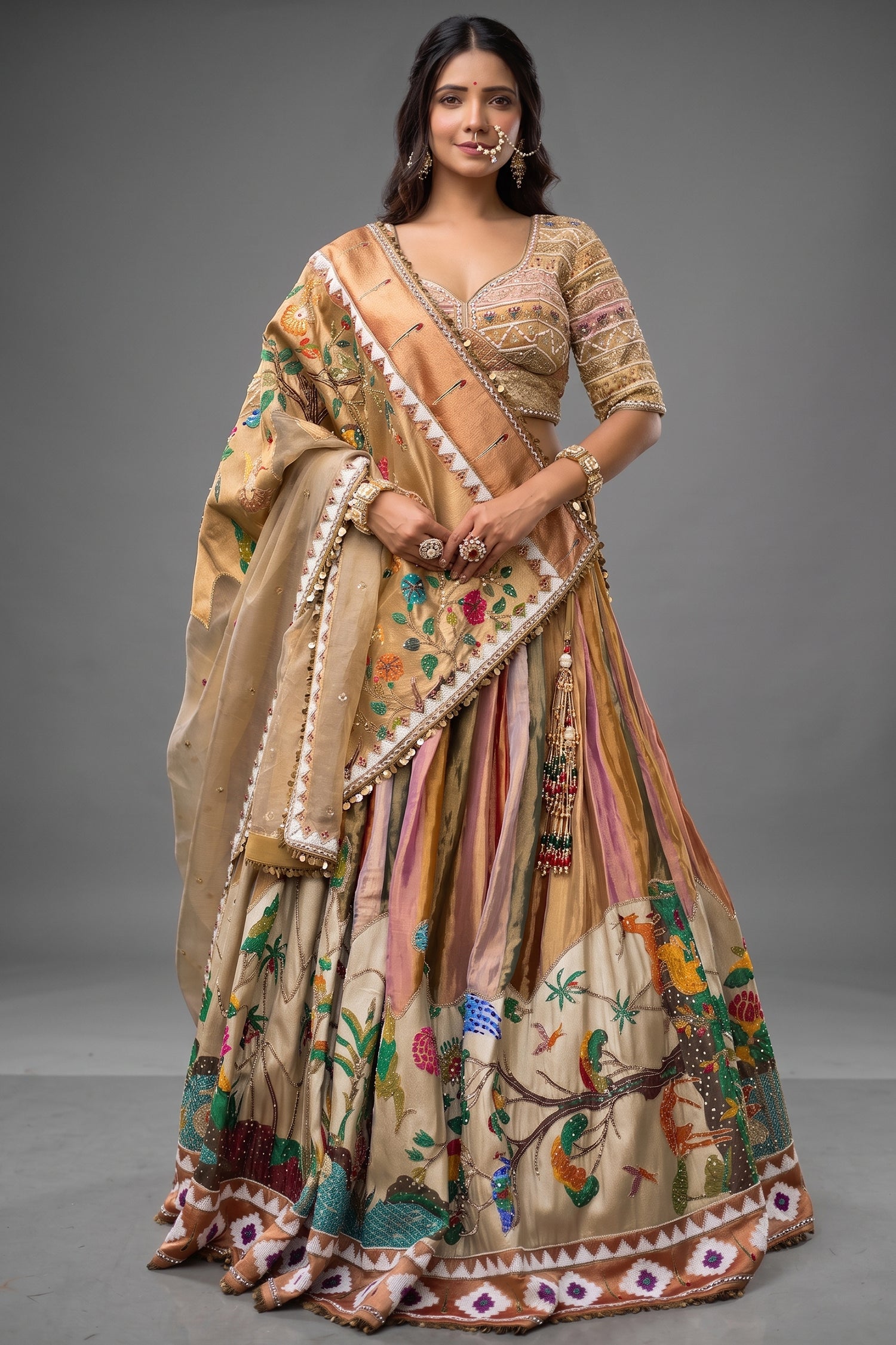 The Multi-Chromatic Tissue Silk Shikargah Lehenga with Chevron Hand-Embellished Choli Main image