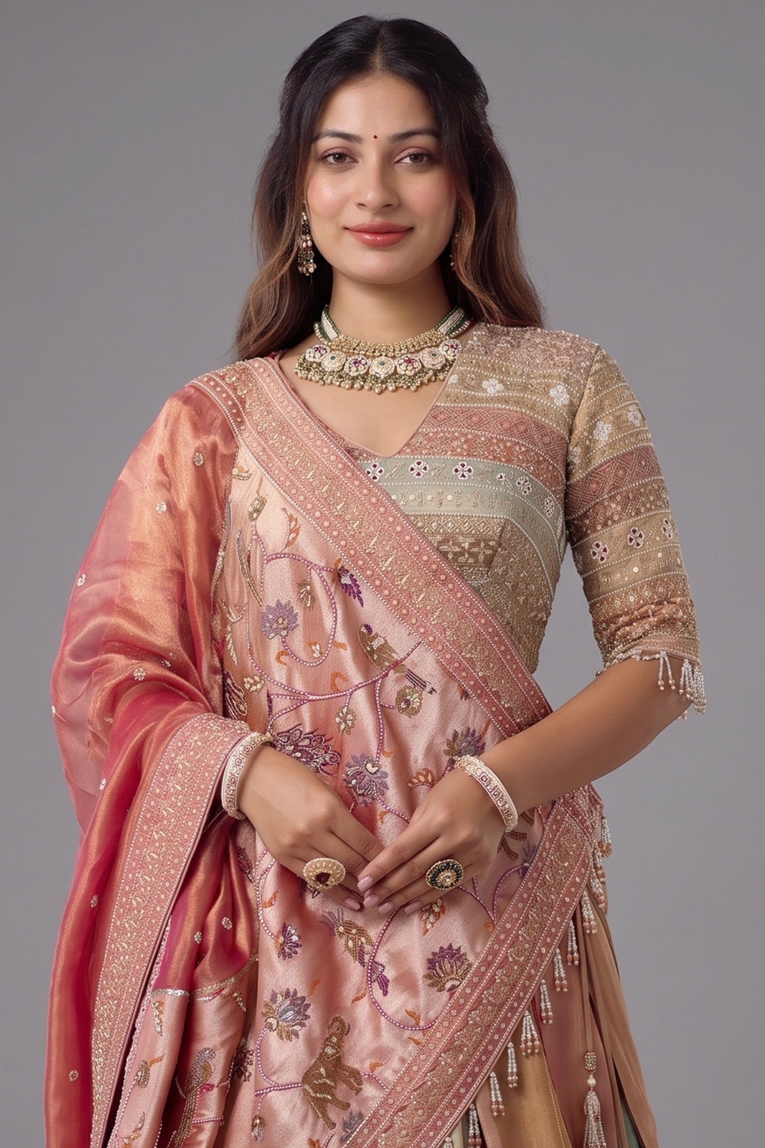 The Multi-Chromatic Panel Tissue Silk Lehenga with Embellished Embroidered Choli and Rose Paithani Border Dupatta Secondary image