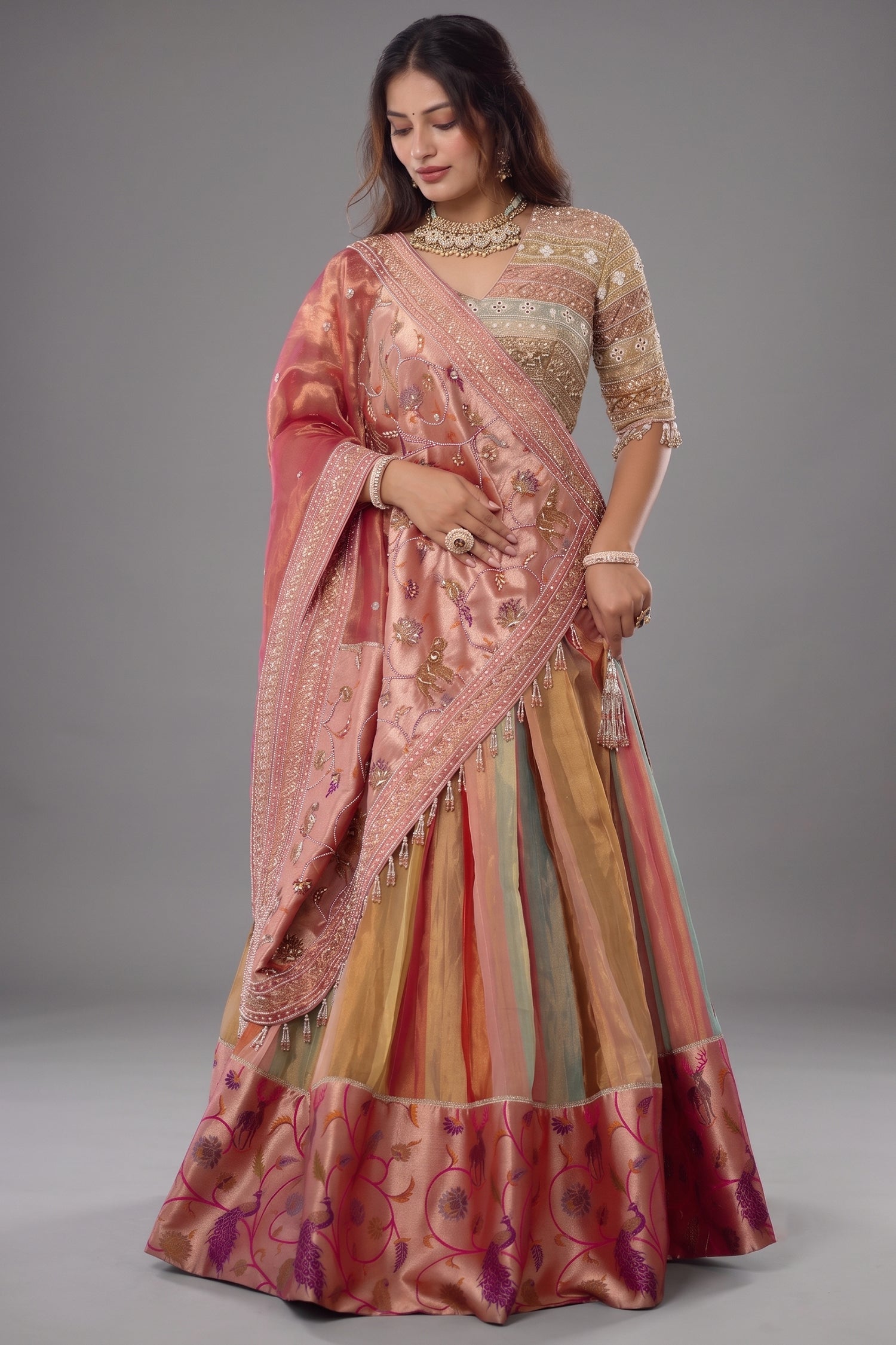 The Multi-Chromatic Panel Tissue Silk Lehenga with Embellished Embroidered Choli and Rose Paithani Border Dupatta Main image